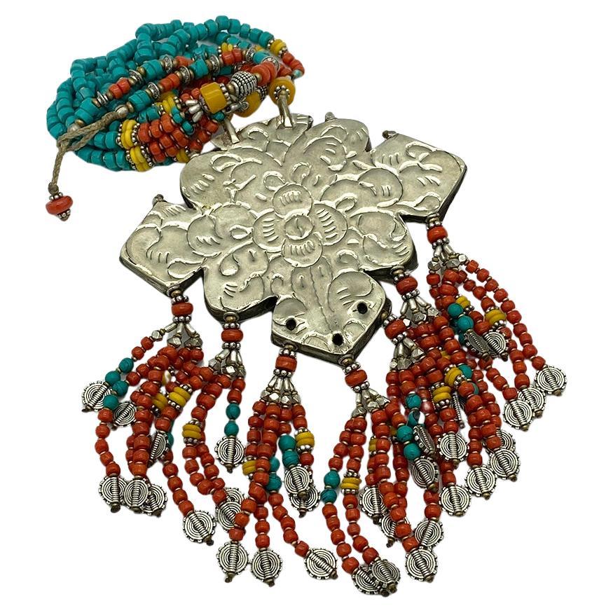 Statement Necklace with Nepal Plaque and Beaded Fringes In New Condition For Sale In Atlanta, GA