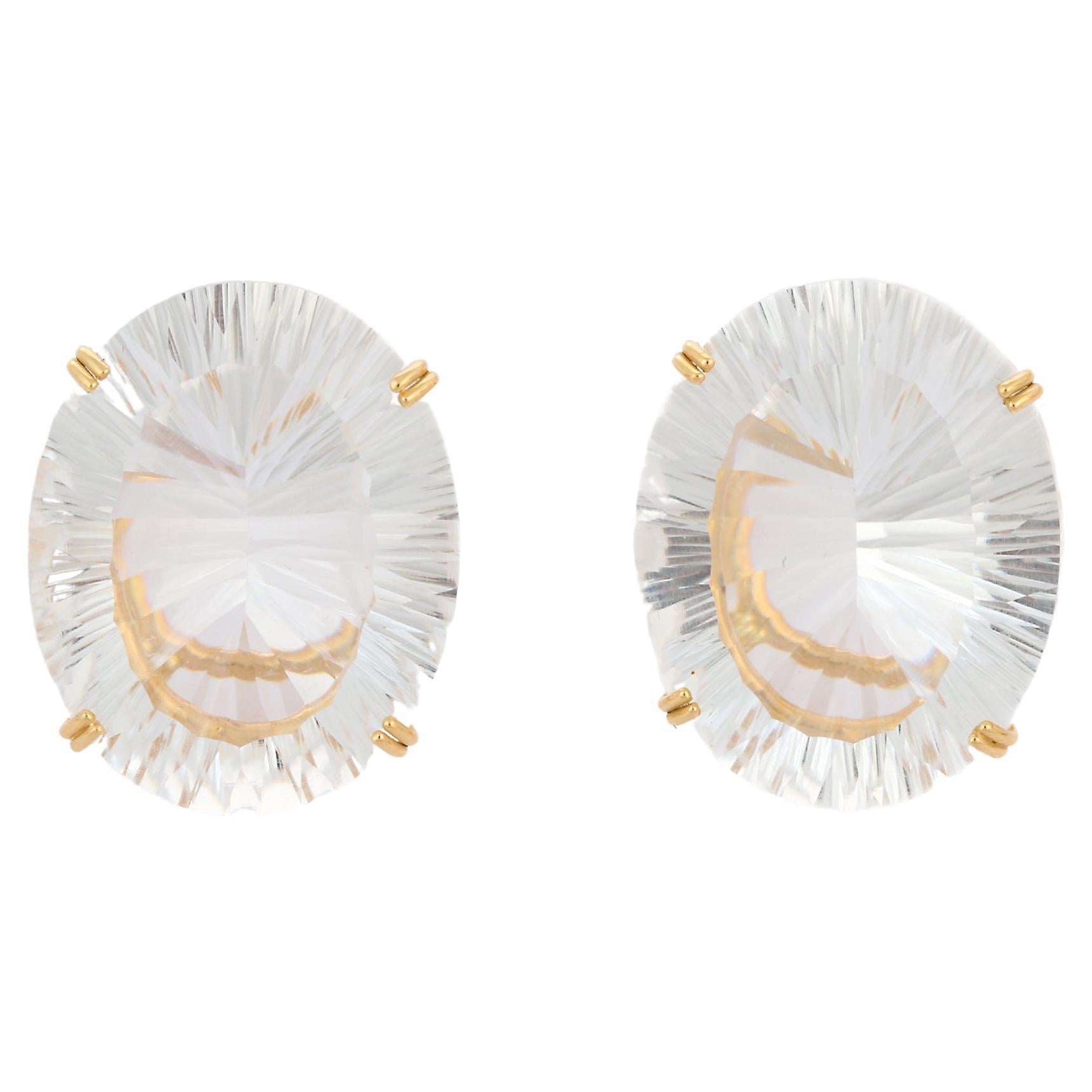 Statement Oval Cut Crystal Gemstone Stud Earrings in 18K Solid Yellow Gold For Sale