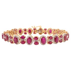 Pulsera de tenis con halo de diamantes y rubíes talla oval 12,57 qt Oro amarillo de 14 quilates