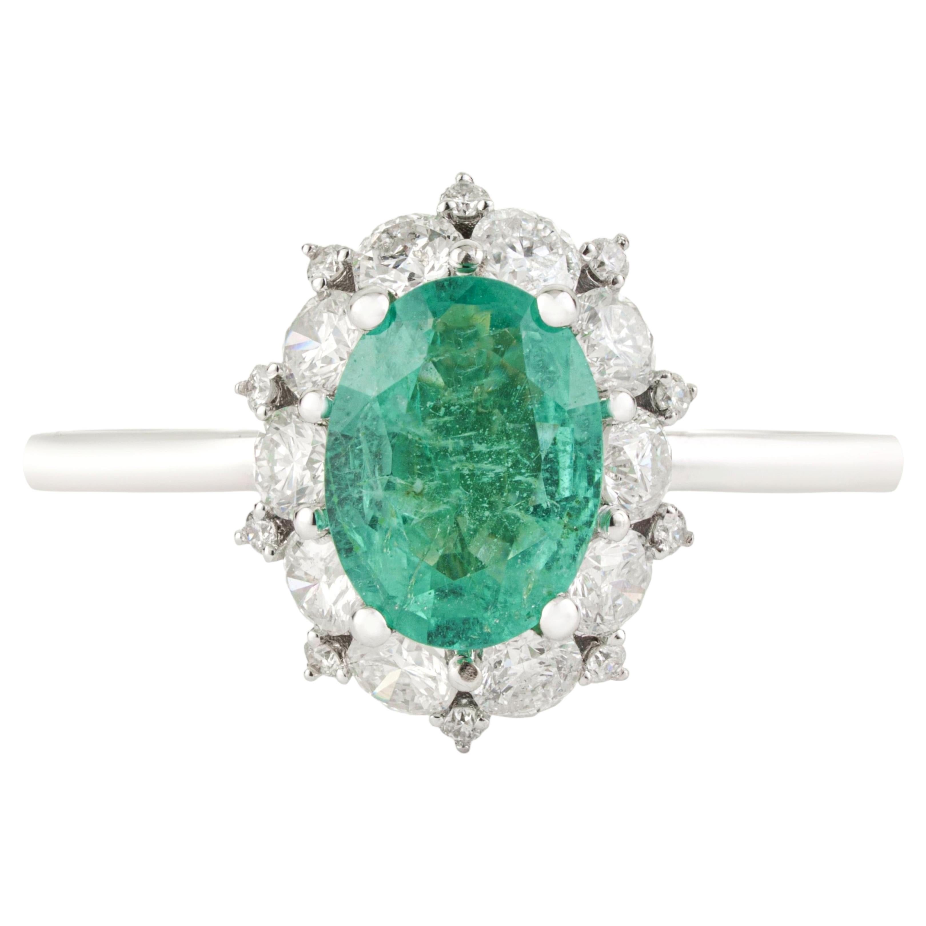 Statement Oval Emerald & Diamond Cluster Halo Engagement Ring in 14K White Gold