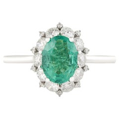 Statement Oval Emerald & Diamond Cluster Halo Engagement Ring in 14K White Gold