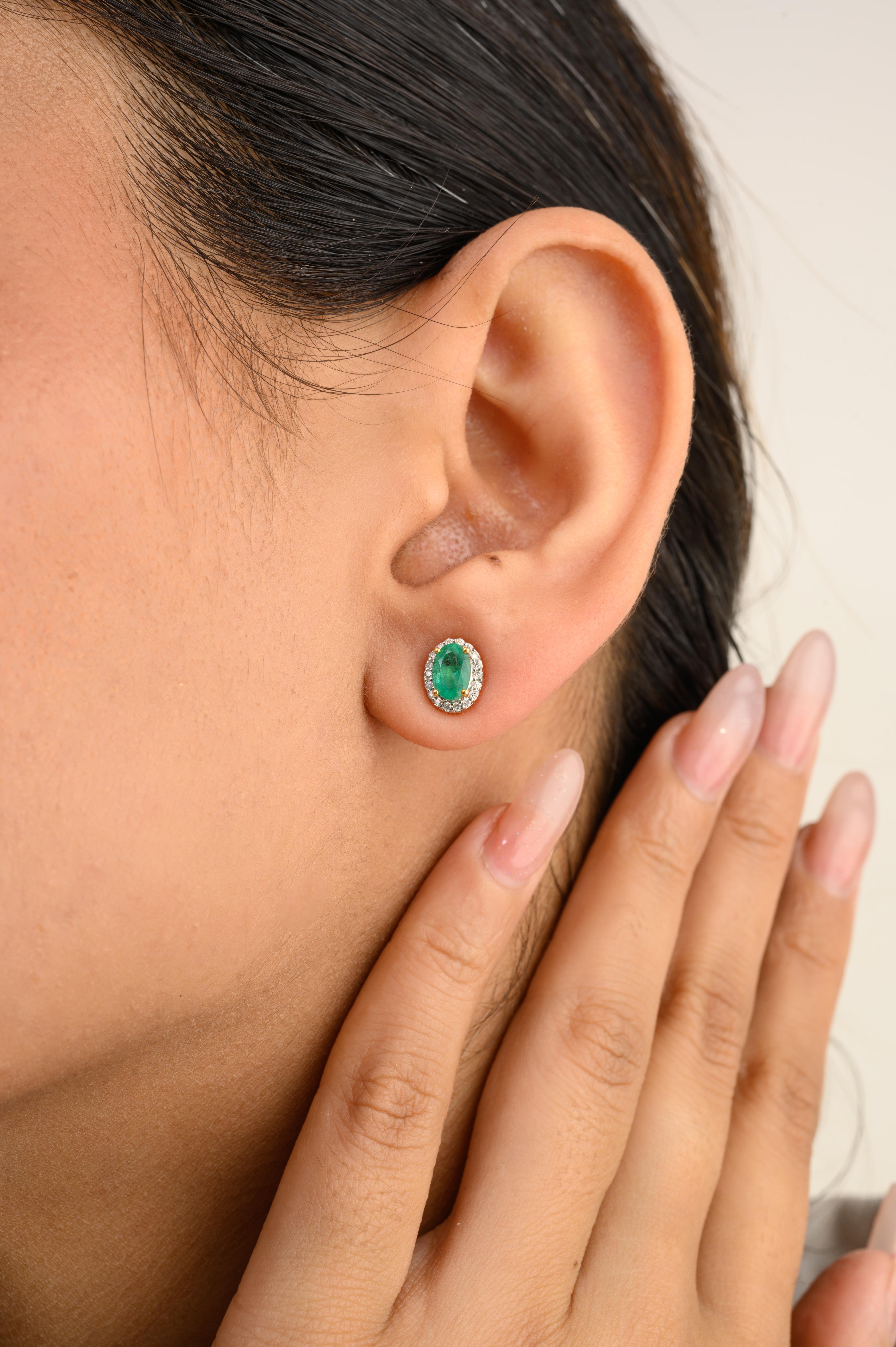 Statement Oval Emerald Diamond Everyday Studs Earring in 14K Gold to make a statement with your look. You shall need stud earrings to make a statement with your look. These earrings create a sparkling, luxurious look featuring oval cut emerald and