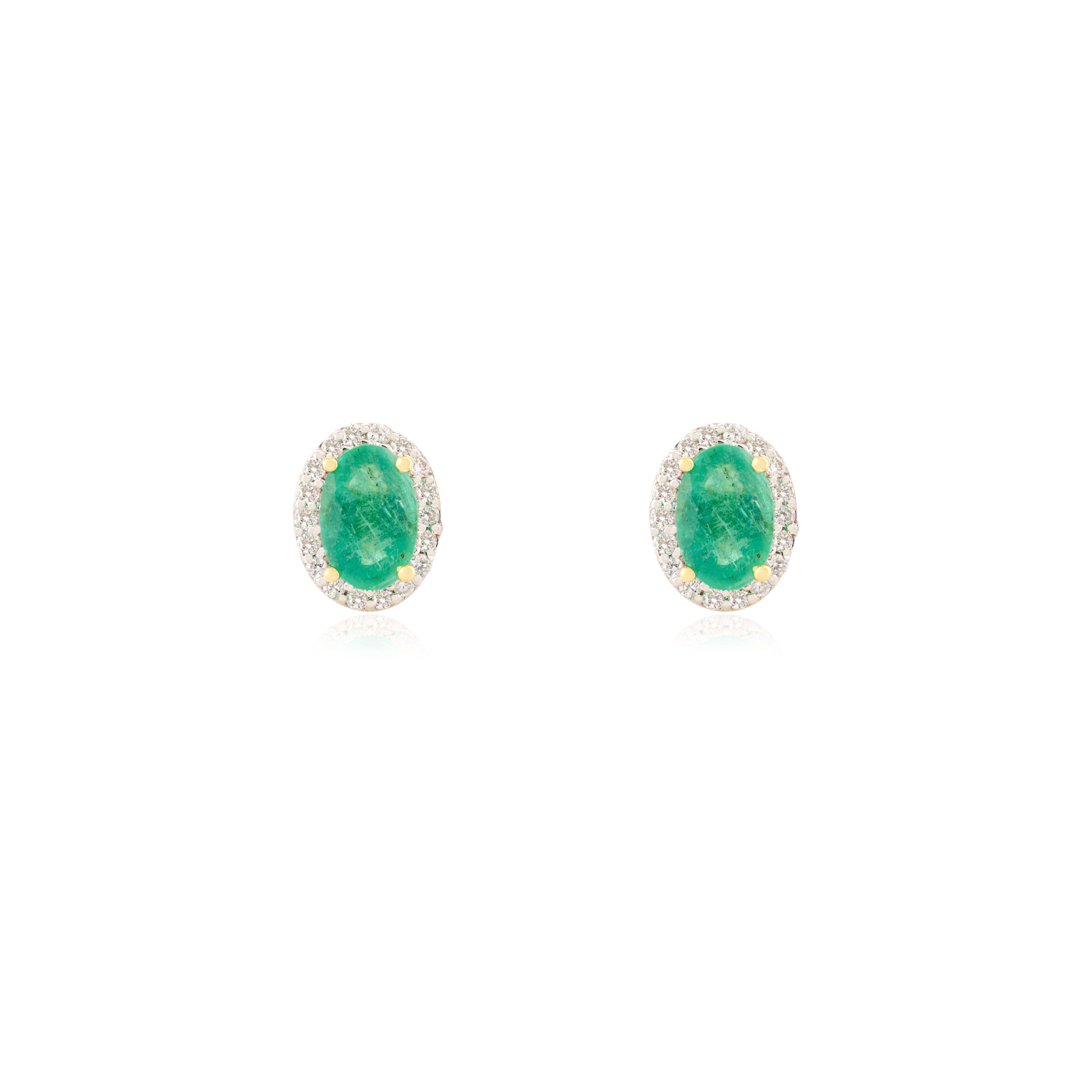 Art Deco Statement Oval Emerald Diamond Everyday Studs Earring in 14k Solid Yellow Gold For Sale
