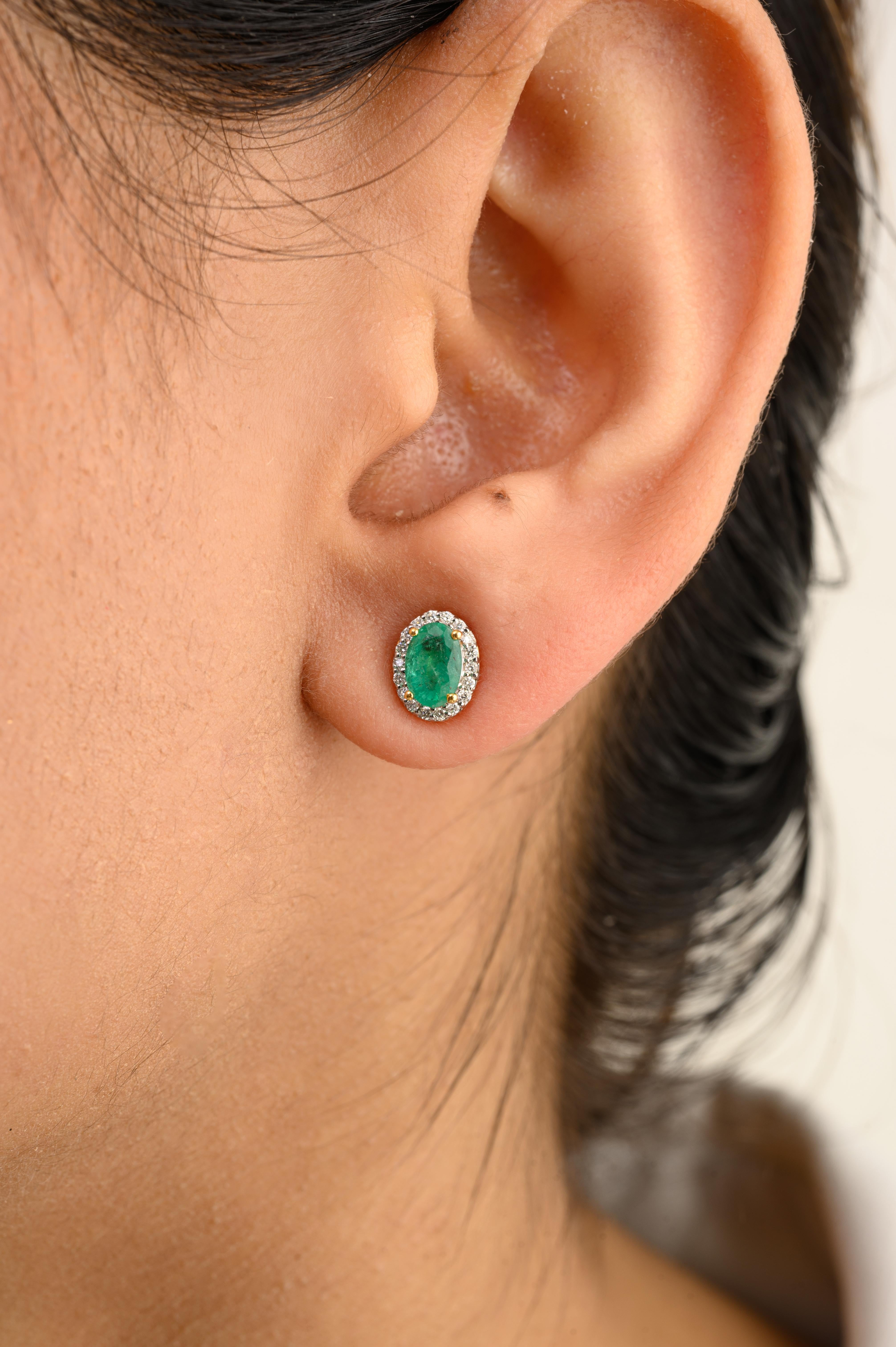 Oval Cut Statement Oval Emerald Diamond Everyday Studs Earring in 14k Solid Yellow Gold For Sale