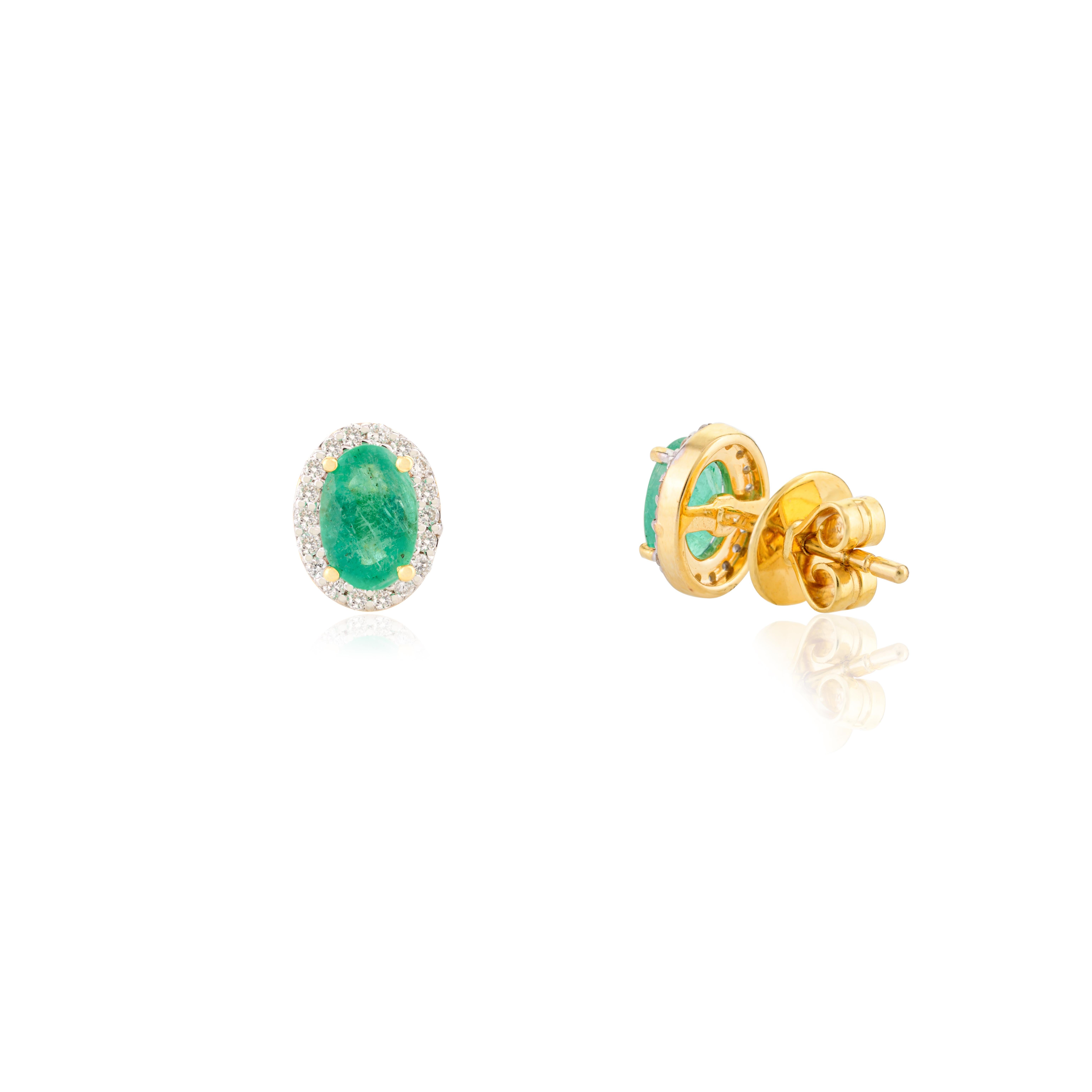 Women's Statement Oval Emerald Diamond Everyday Studs Earring in 14k Solid Yellow Gold For Sale