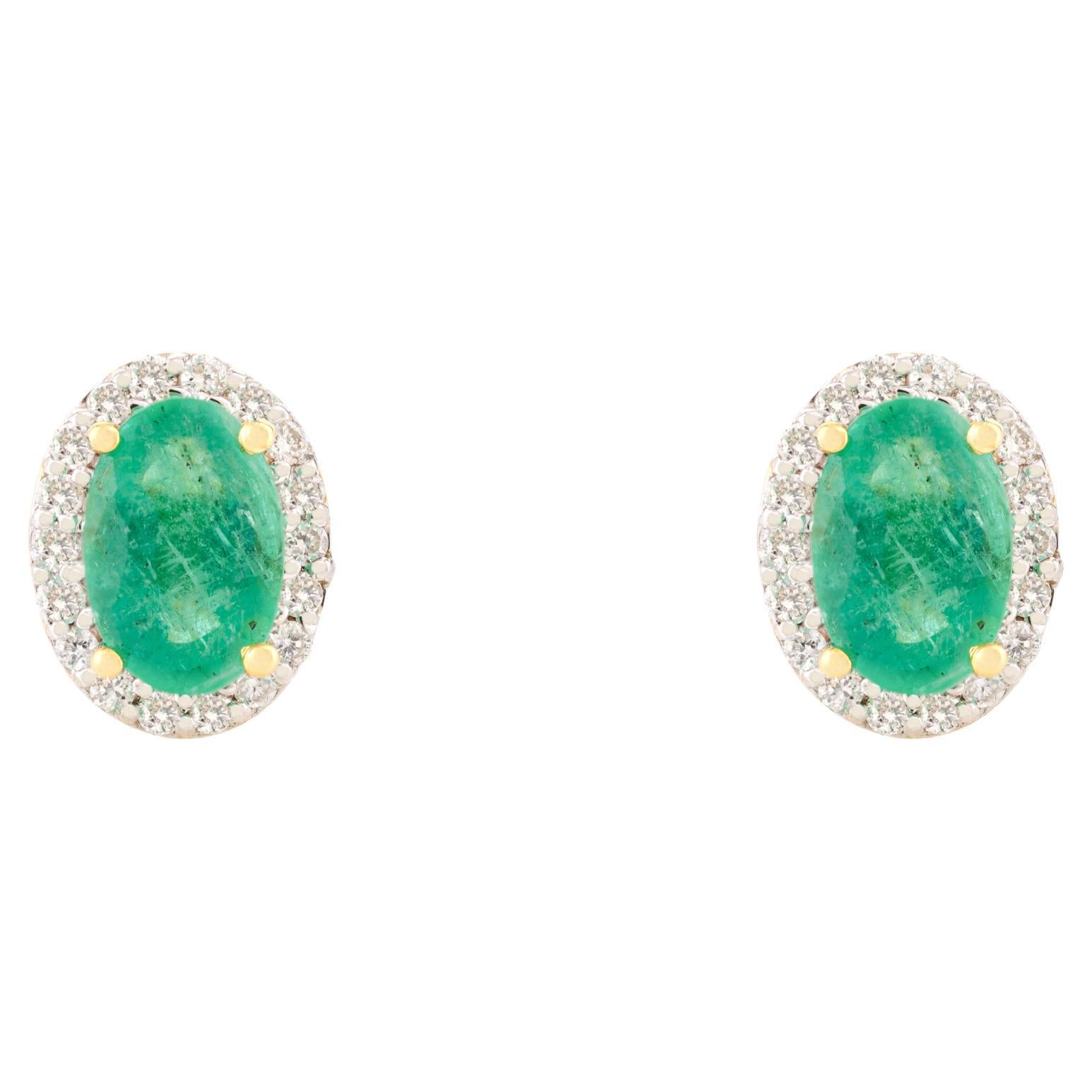 Statement Oval Emerald Diamond Everyday Studs Earring in 14k Solid Yellow Gold For Sale