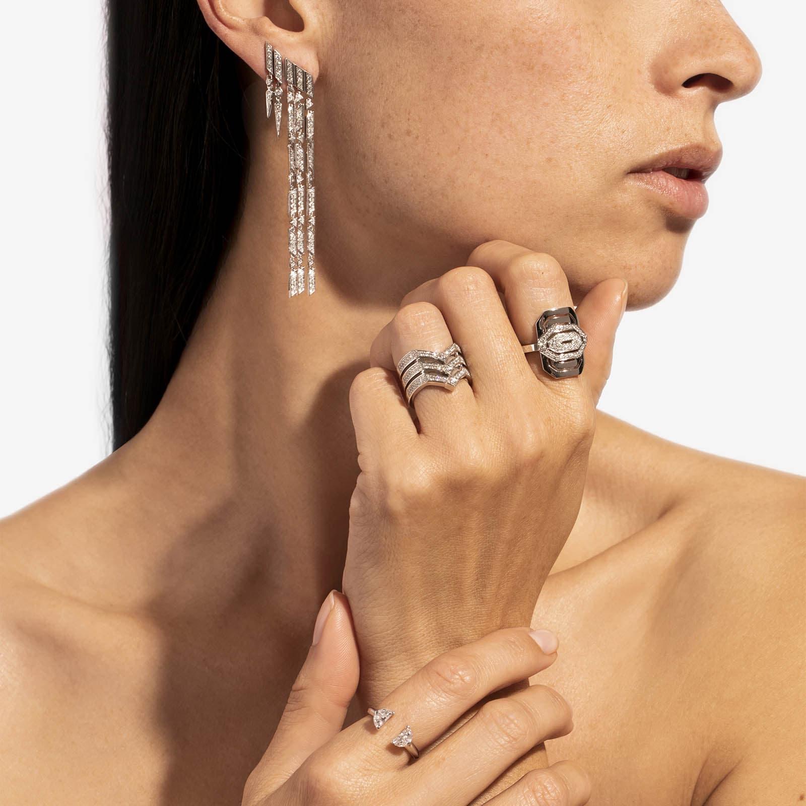 Brilliant Cut STATEMENT Paris - Earring Anyway Double Drops Diamonds & Silver 0.18Carat Right For Sale