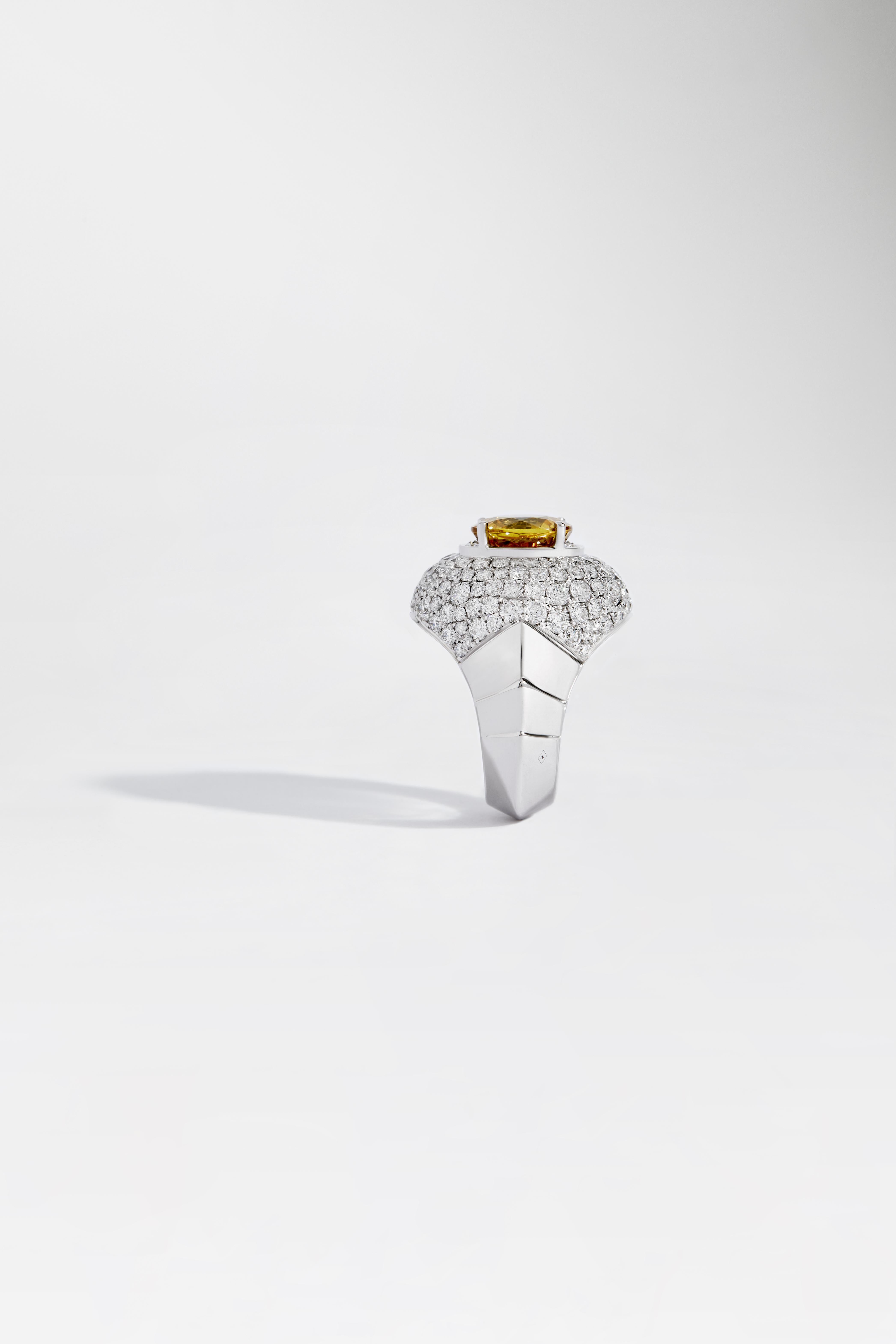 After three years of creation and nine collections, STATEMENT continues its project to give back to silver its letters of jewellery nobility, by creating a very limited series of high jewellery rings with a blod structure, crowned with a precious