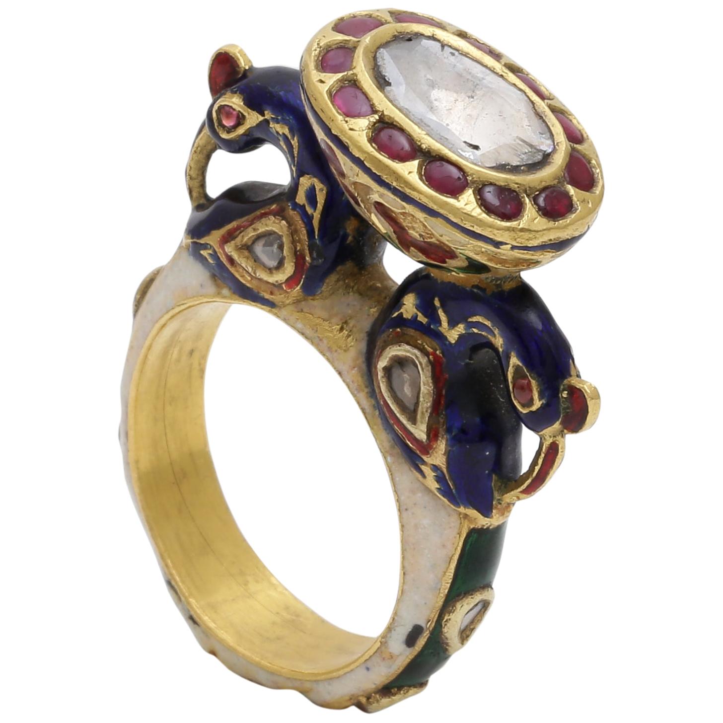 Statement Peacock Ring with Diamond and Enamel Handcrafted in 18 Karat Gold For Sale