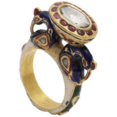 Vintage Statement Peacock Ring with Diamond and Enamel Handcrafted in 18 Karat Gold