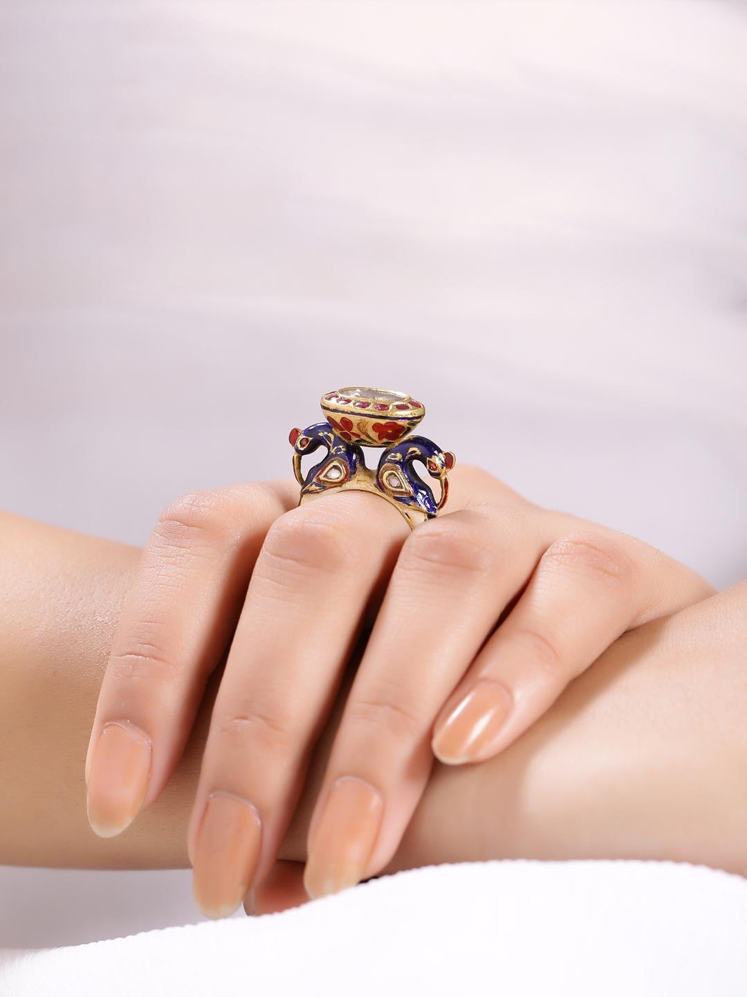 Rose Cut Statement Peacock Ring with Diamond and Enamel Handcrafted in 18 Karat Gold For Sale