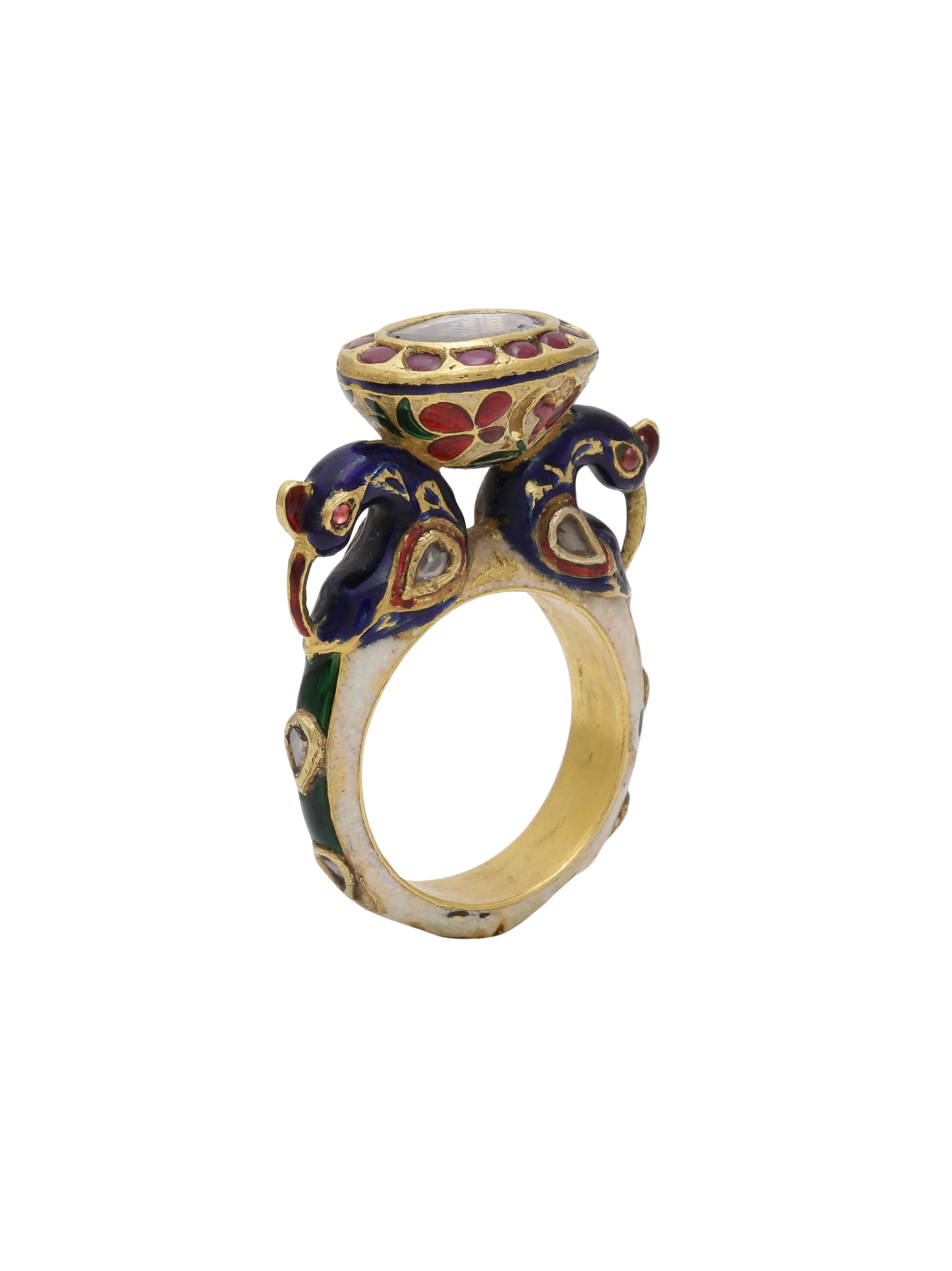 Women's or Men's Statement Peacock Ring with Diamond and Enamel Handcrafted in 18 Karat Gold For Sale