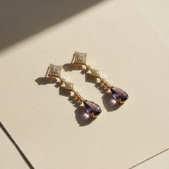 Statement Pear Amethyst Earrings Studs with Colorless Topaz, silver, gold