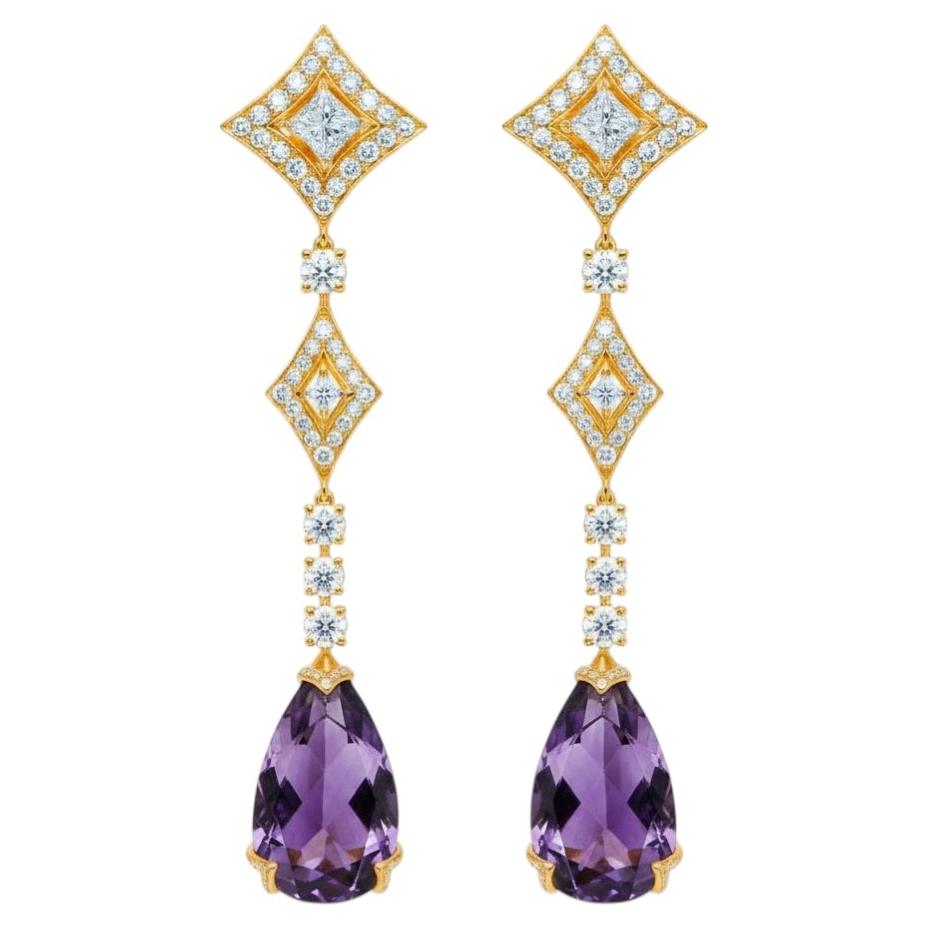 Statement Pear Amethyst Earrings Studs with Colorless Topaz, silver, gold For Sale