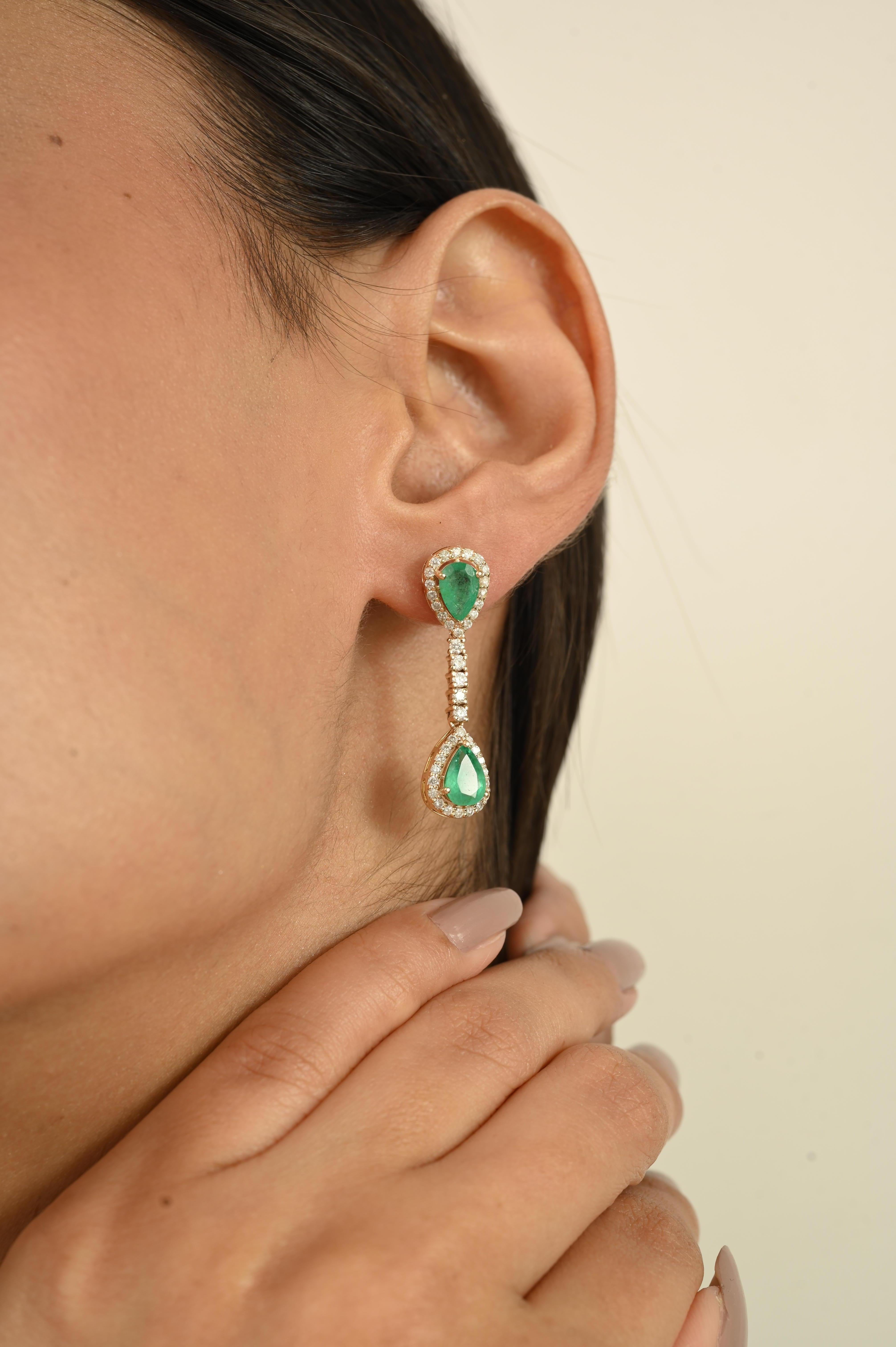 Pendientes Gota Pera Esmeralda Diamante de Oro Amarillo 14k Regalo de Lujo Corte pera en venta