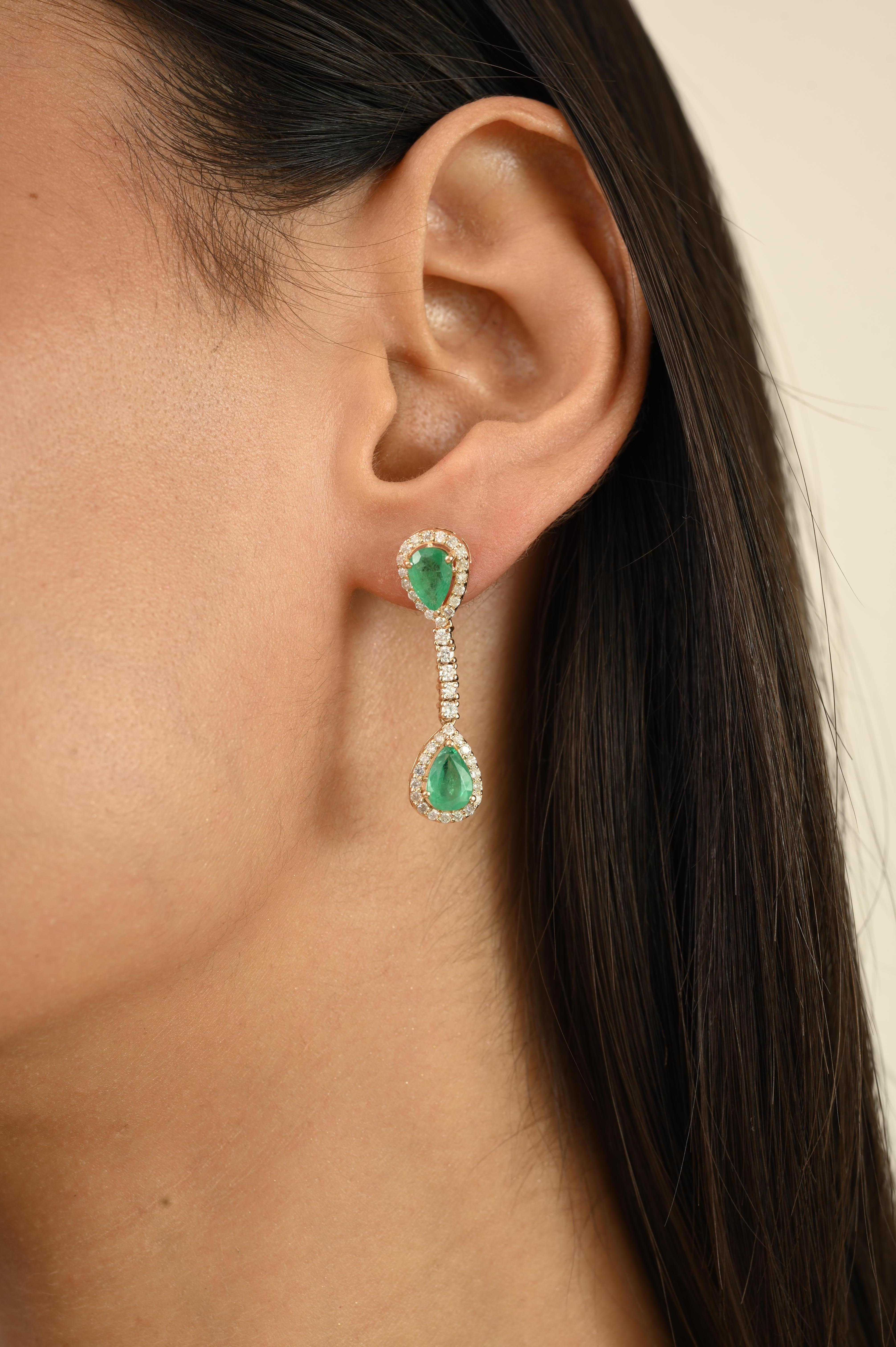 De las mujeres Pendientes Gota Pera Esmeralda Diamante de Oro Amarillo 14k Regalo de Lujo en venta