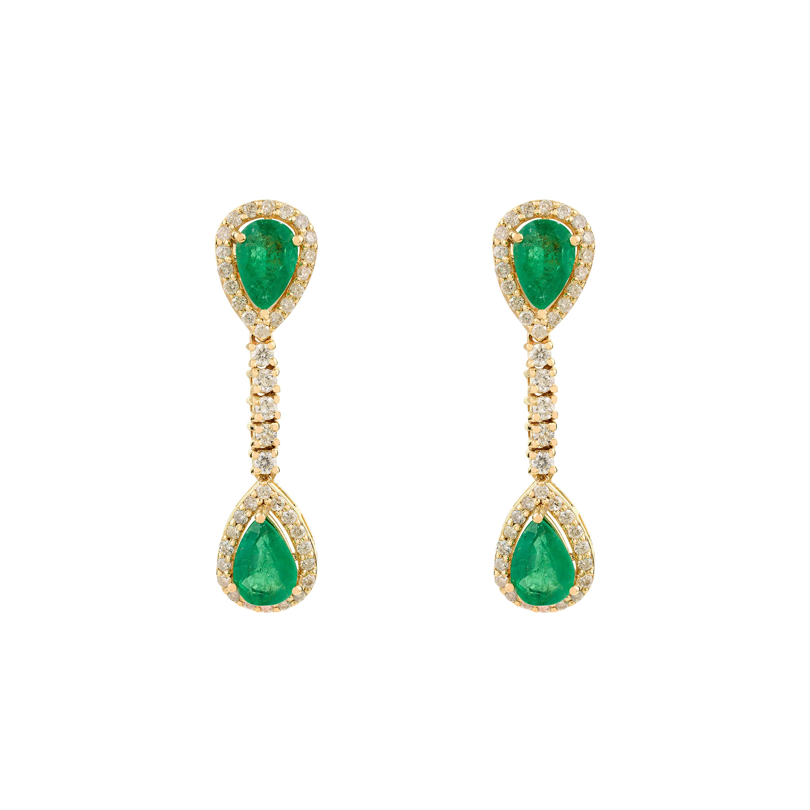 Statement Pear Emerald Diamond Drop Earrings Made in 14k Yellow Gold Luxury Gift
