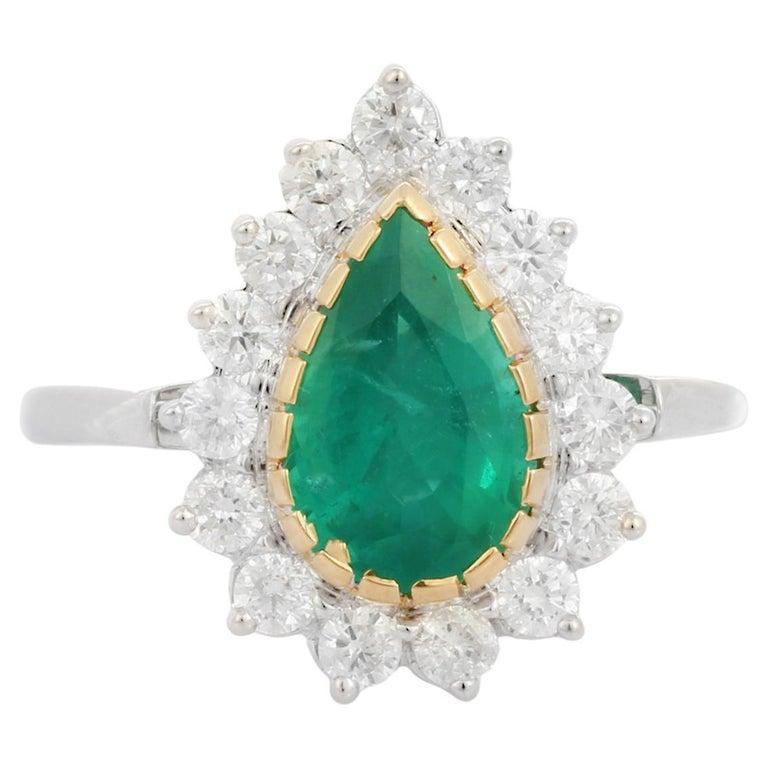 For Sale:  Statement Pear Emerald Halo Engagement Ring with Diamonds in 18k White Gold 13
