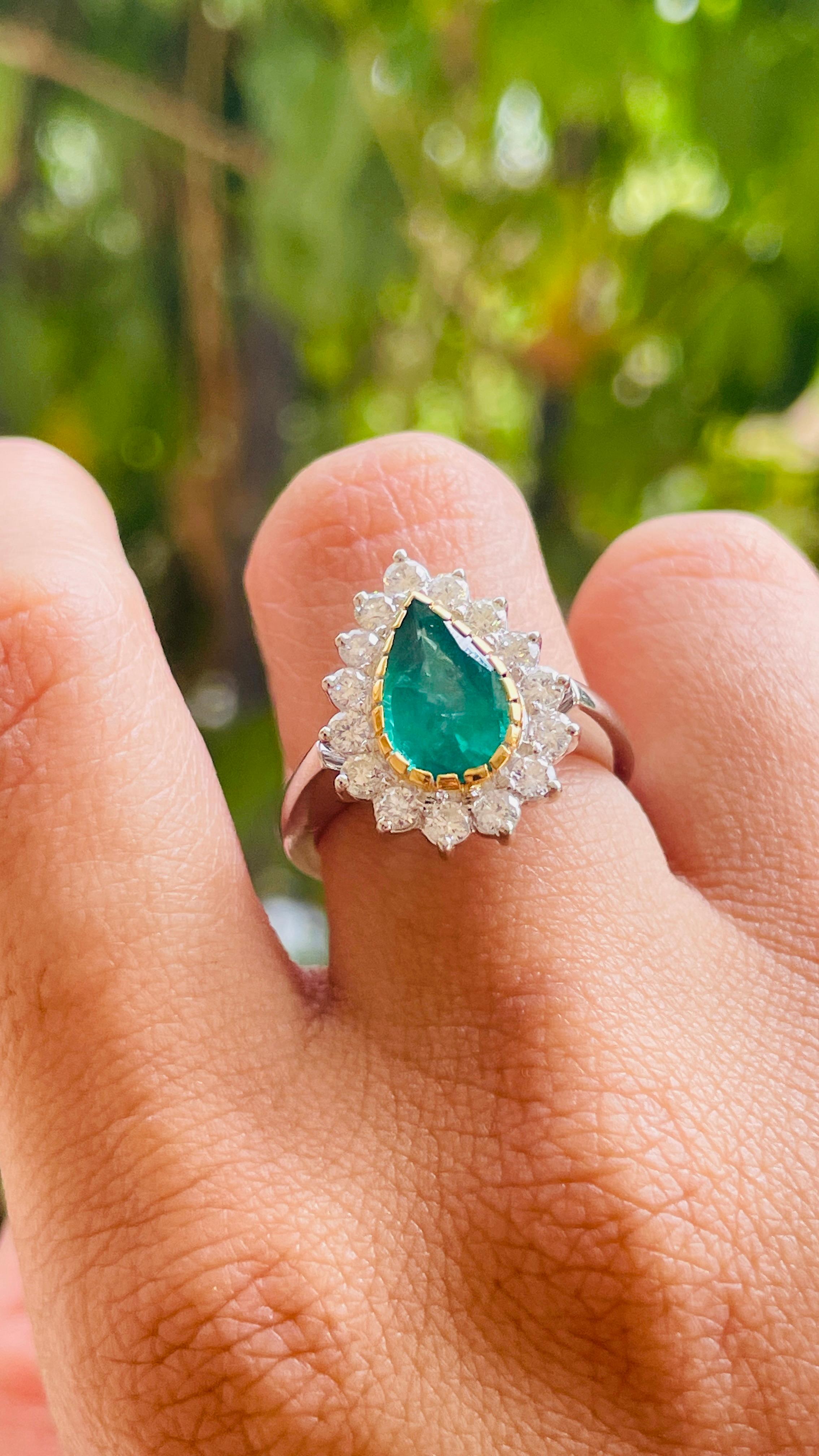 For Sale:  Statement Pear Emerald Halo Engagement Ring with Diamonds in 18k White Gold 14