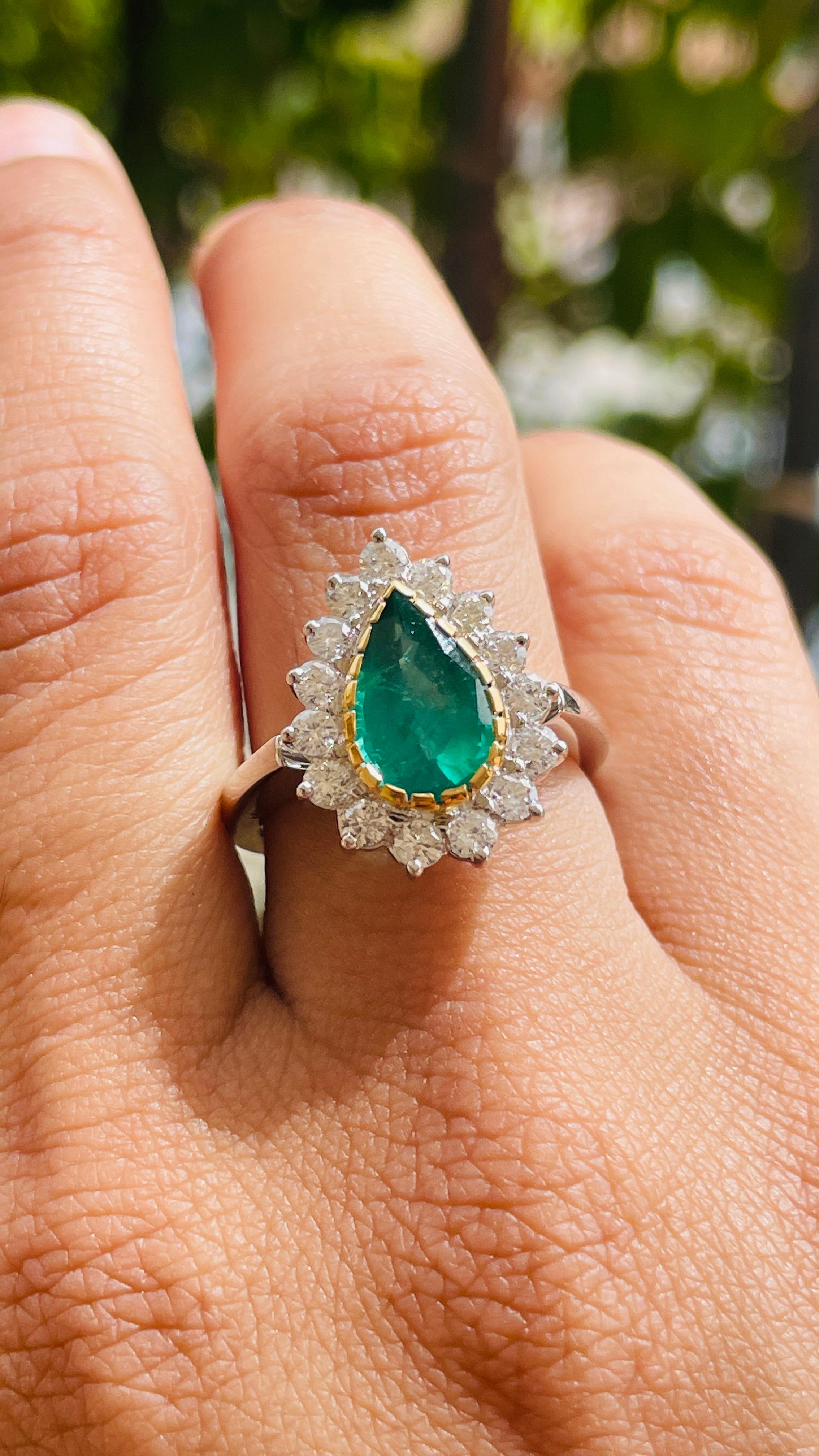 For Sale:  Statement Pear Emerald Halo Engagement Ring with Diamonds in 18k White Gold 15