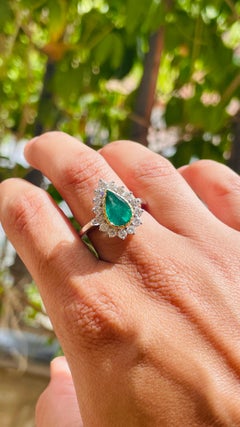 Statement Pear Emerald Halo Engagement Ring with Diamonds in 18k White Gold