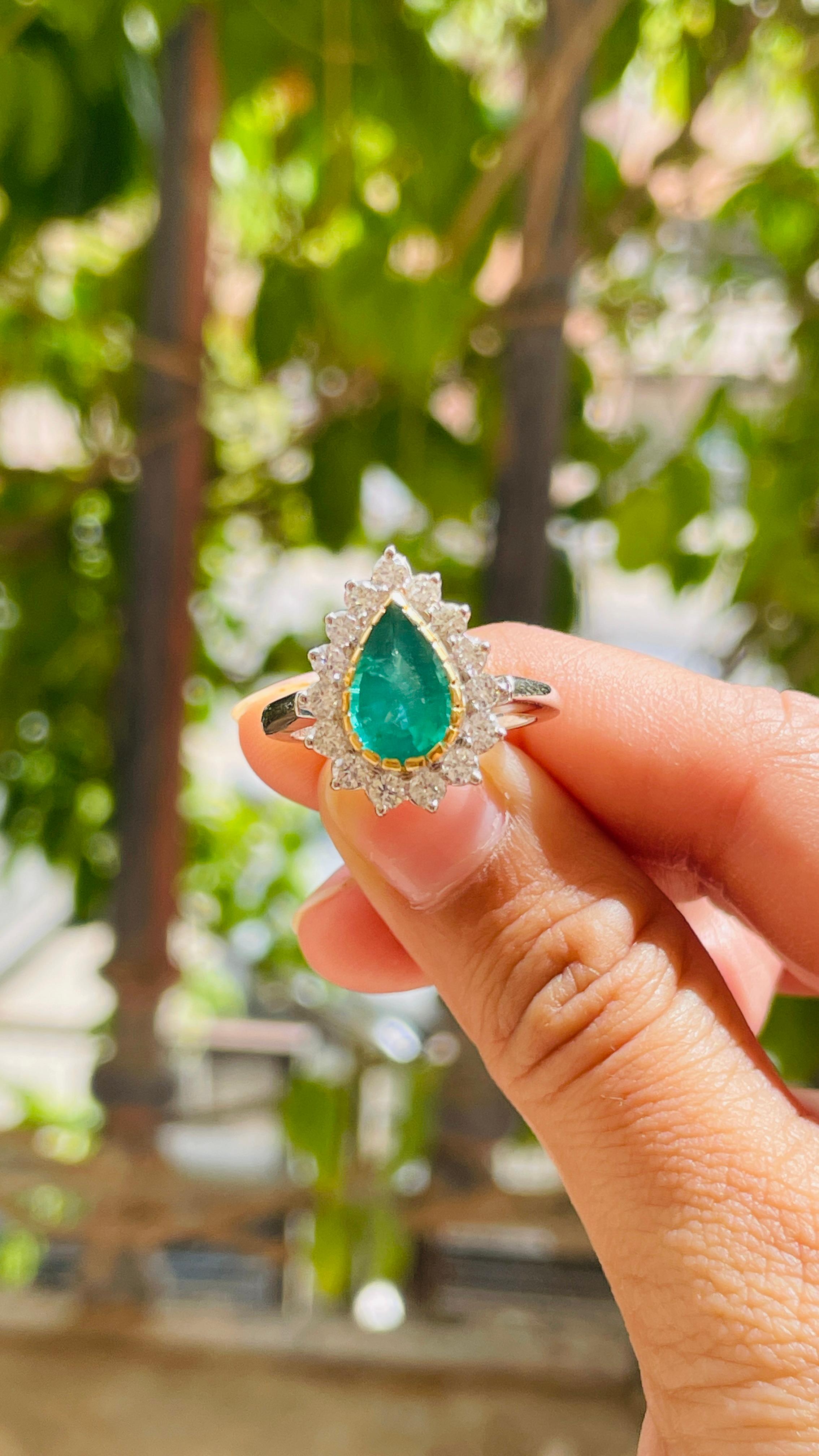 For Sale:  Statement Pear Emerald Halo Engagement Ring with Diamonds in 18k White Gold 6