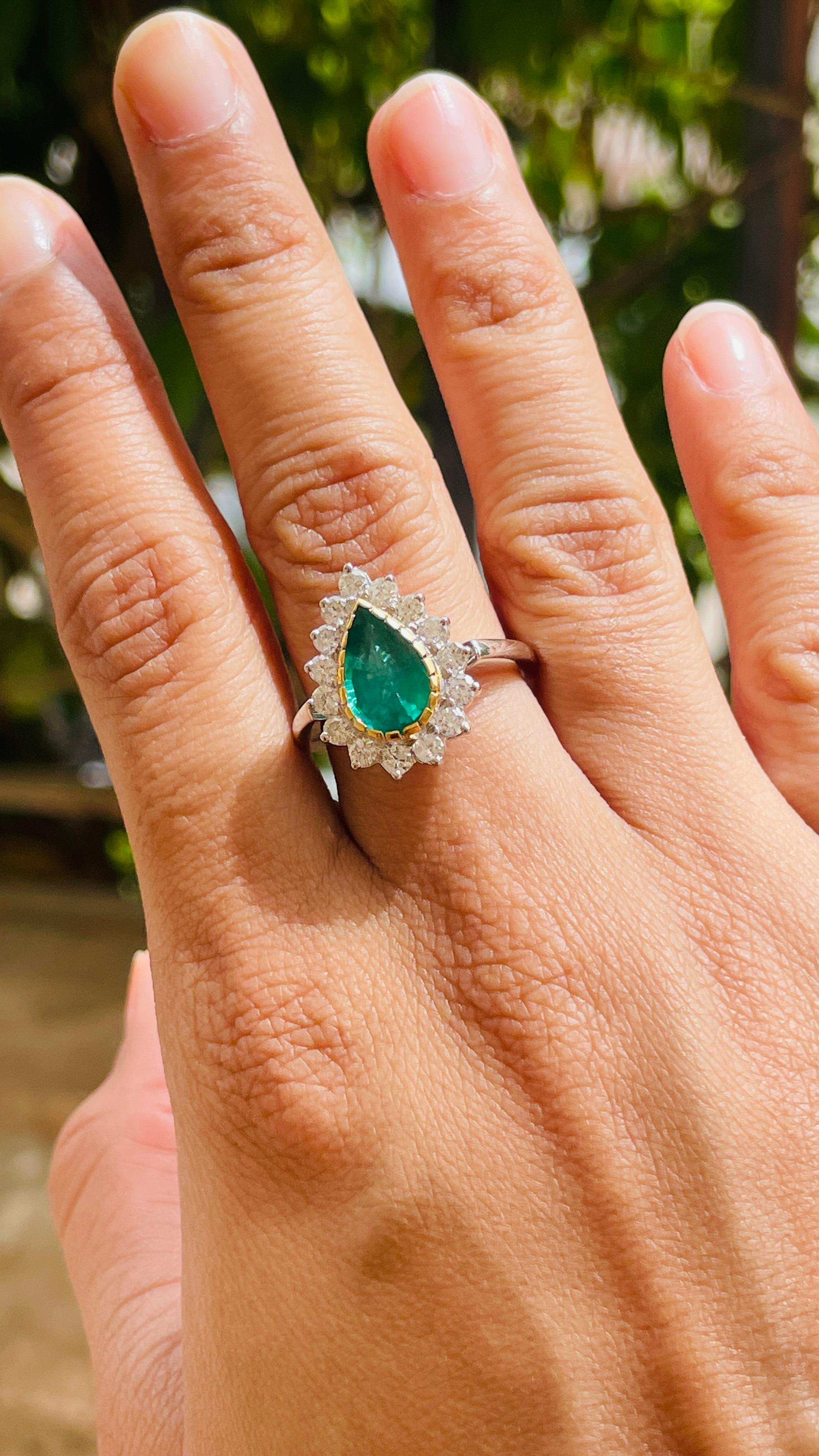 For Sale:  Statement Pear Emerald Halo Engagement Ring with Diamonds in 18k White Gold 8