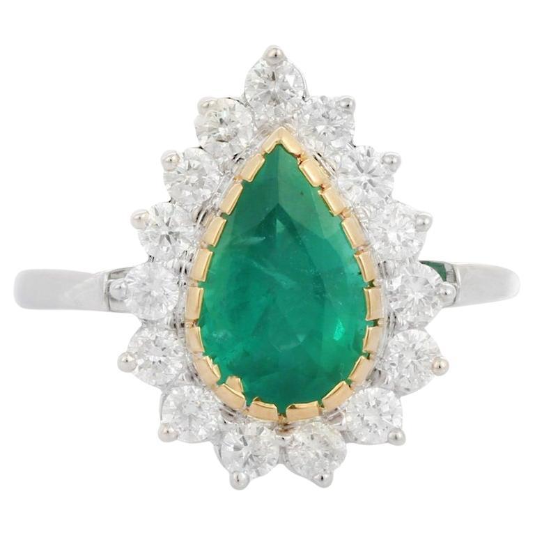 For Sale:  Statement Pear Emerald Halo Engagement Ring with Diamonds in 18k White Gold
