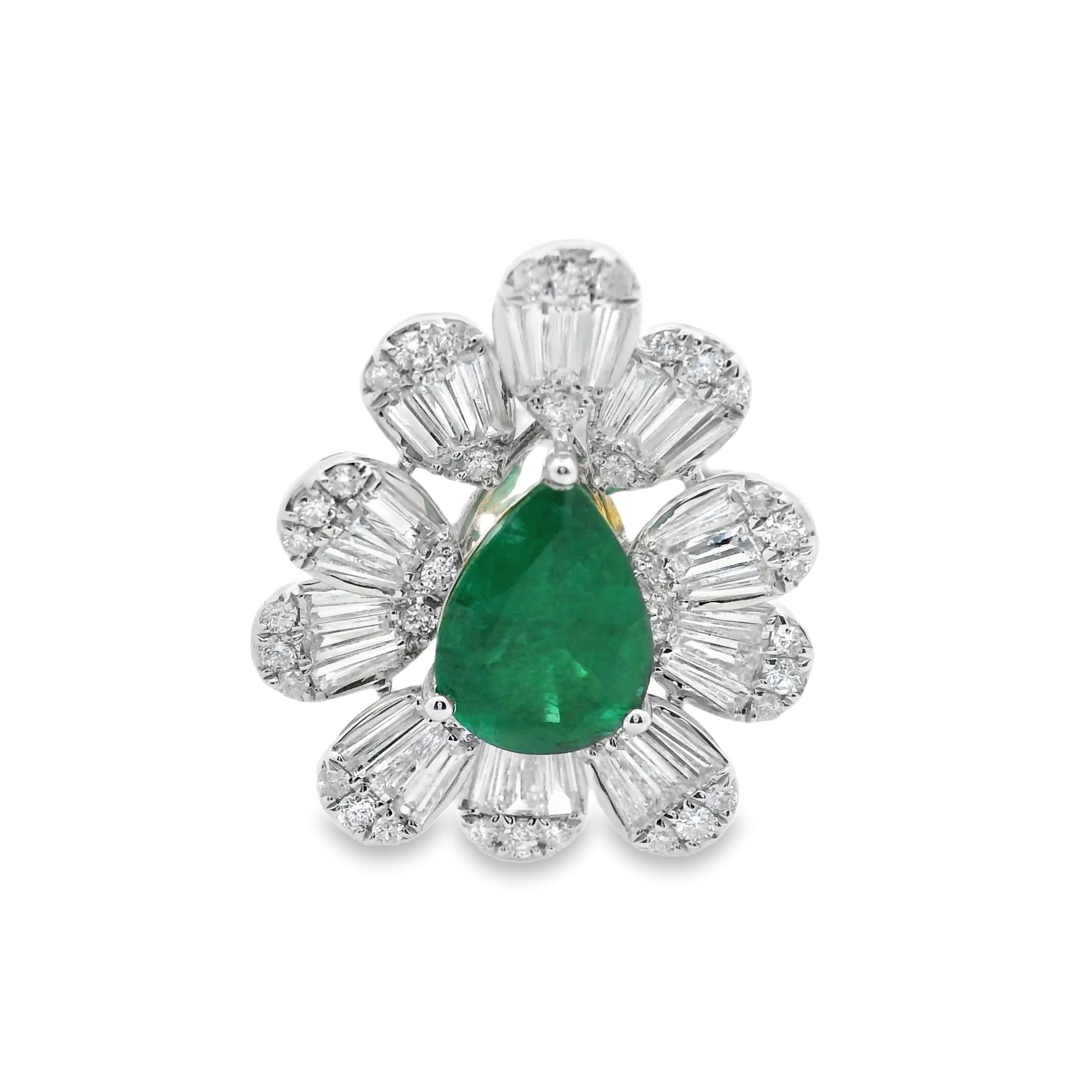 Women's Statement Pear Shape Emerald and Baguette Diamond Ring 6.11 carat For Sale