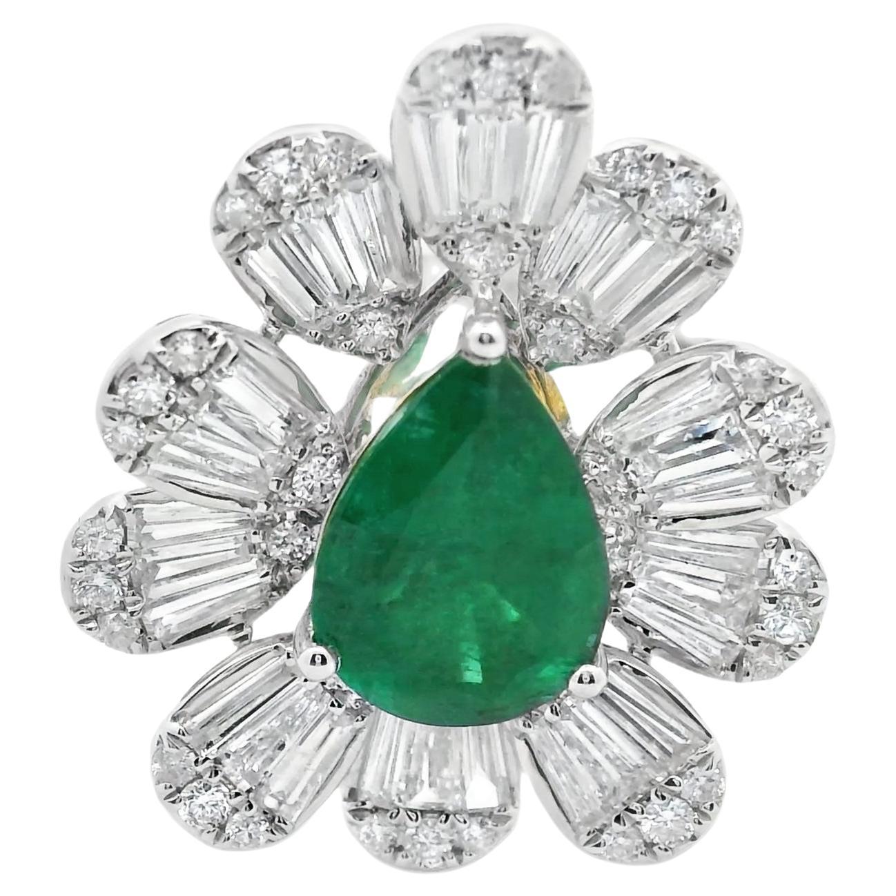 Statement Pear Shape Emerald and Baguette Diamond Ring 6.11 carat