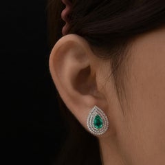 Statement Pear Shape Emerald Diamond Triple Halo 18k White Gold Stud Earrings
