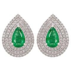 Statement Pear Shape Emerald Diamond Triple Halo 18k White Gold Stud Earrings