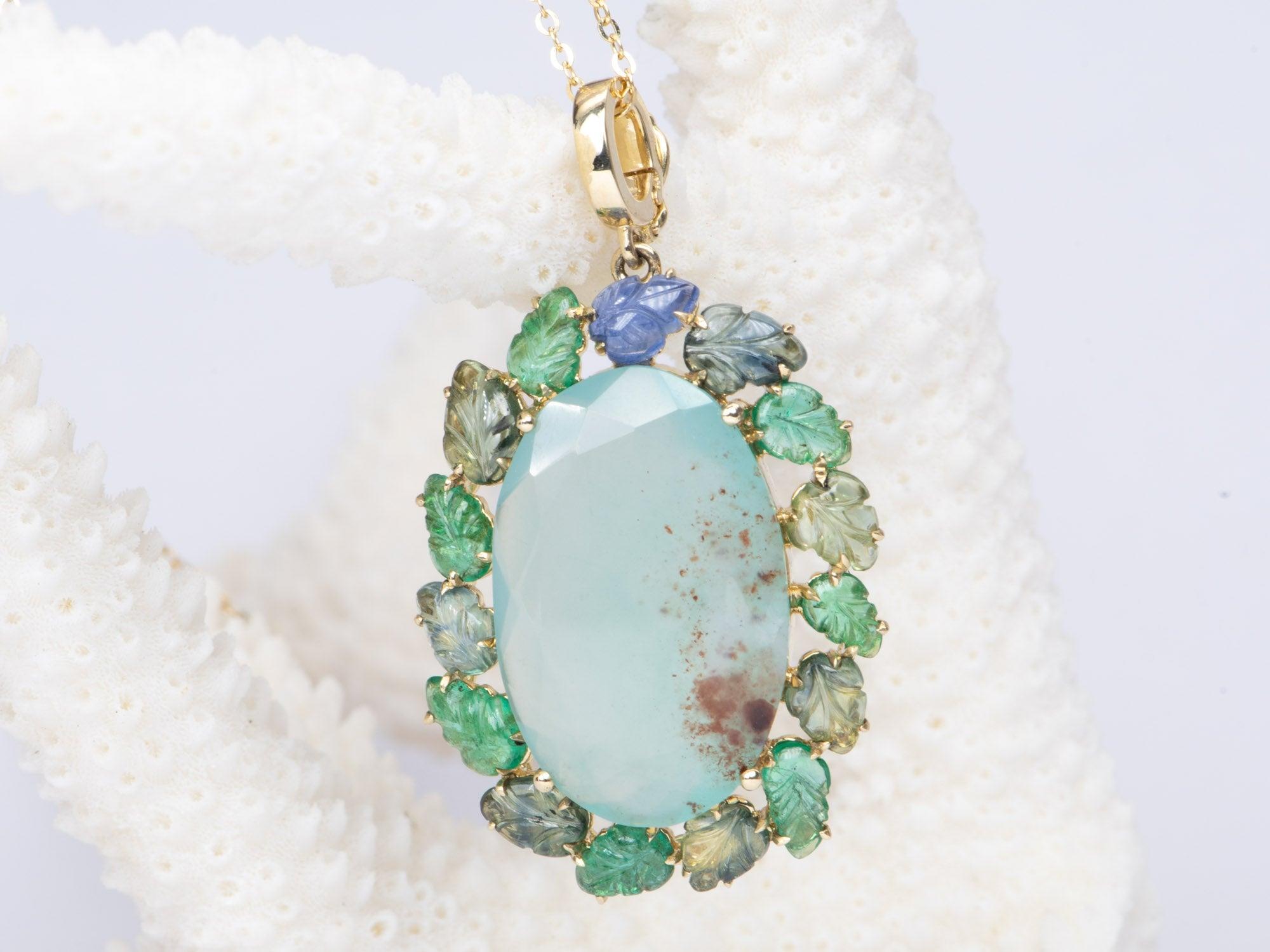 Oval Cut Statement Pendant Aquaprase with Emerald and Sapphire Carved Leaves 9k Gold For Sale