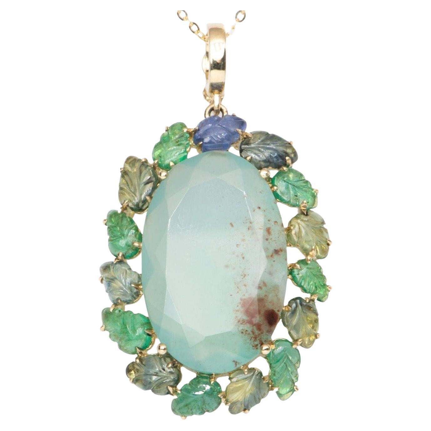 Statement Pendant Aquaprase with Emerald and Sapphire Carved Leaves 9k Gold For Sale