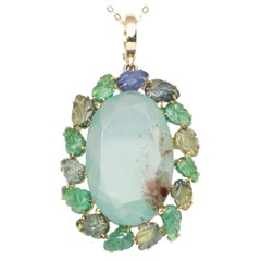 Statement Pendant Aquaprase with Emerald and Sapphire Carved Leaves 9k Gold