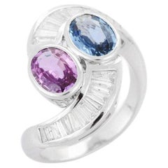 Statement Pink Blue Sapphire Cocktail Ring with Diamonds in 18k Solid White Gold