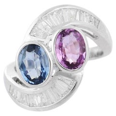 Statement Pink Blue Sapphire Cocktail Ring with Diamonds in 18k Solid White Gold
