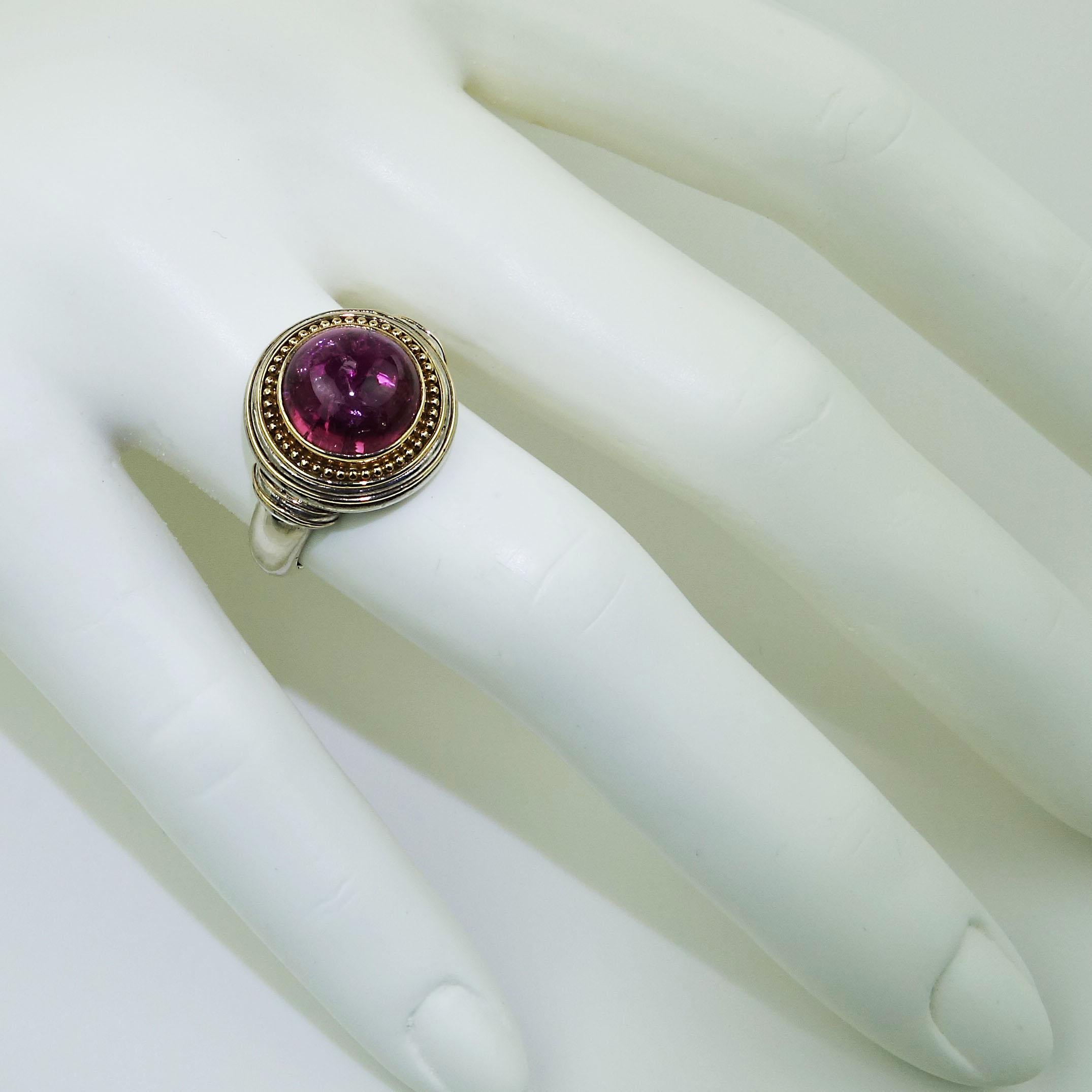 Women's or Men's Pink Tourmaline Cabochon and Sterling Silver Ring 