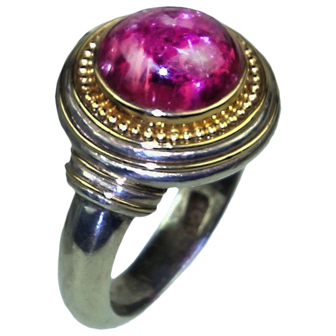 Pink Tourmaline Cabochon and Sterling Silver Ring 
