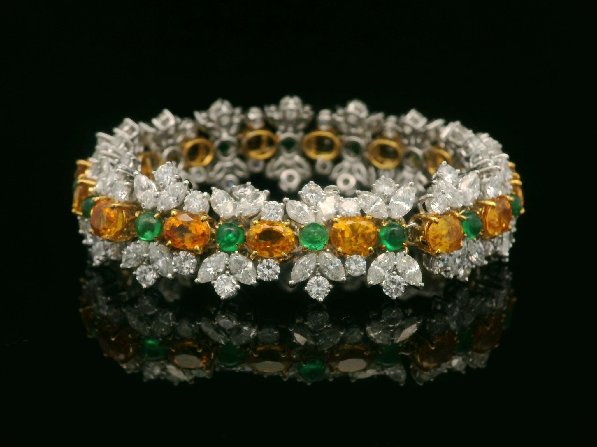 Oval Cut Statement Platinum & Gold 37.84tw GIA Sapphire Emerald Diamond Bracelet For Sale