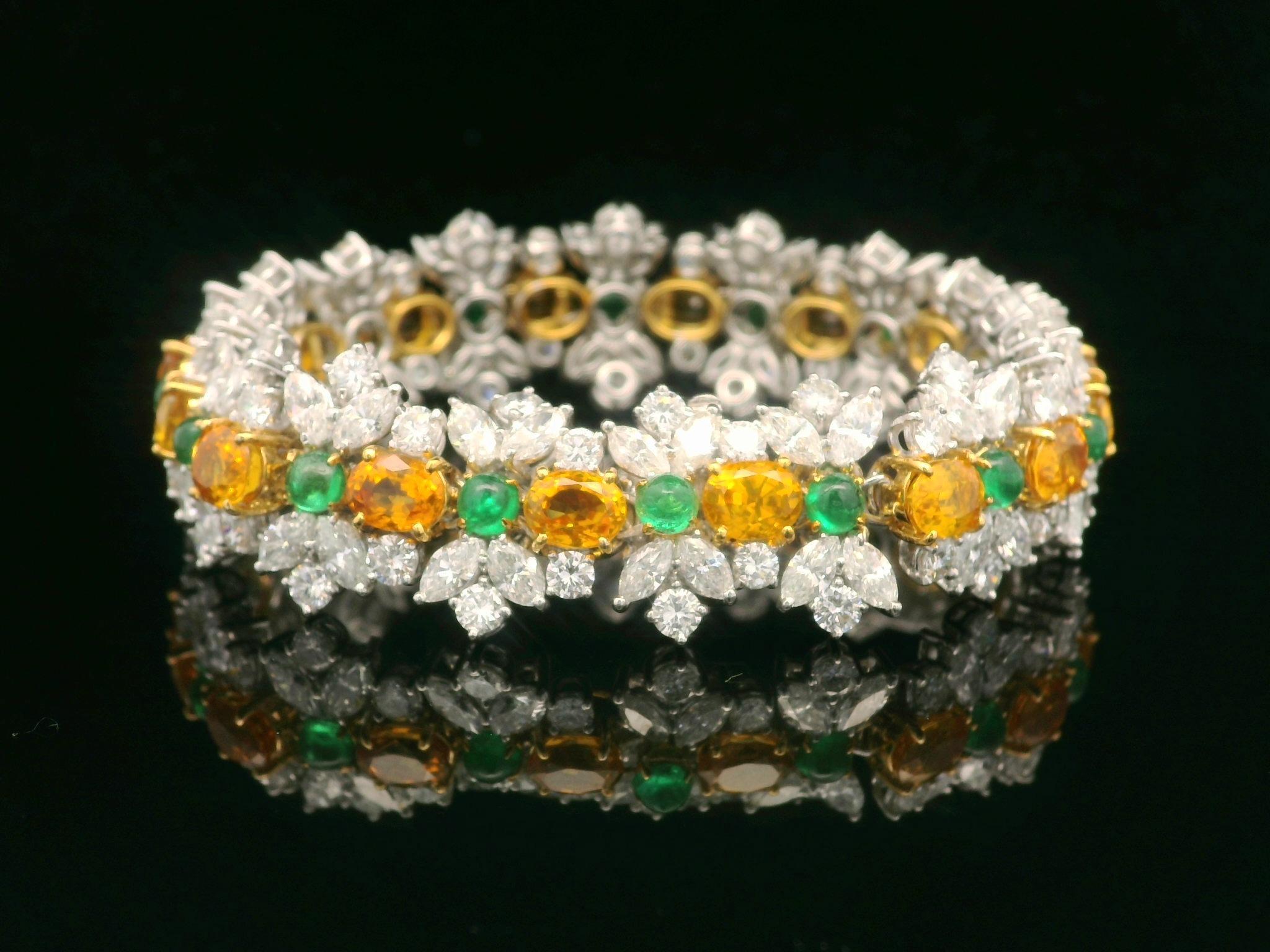 Statement Platinum & Gold 37.84tw GIA Sapphire Emerald Diamond Bracelet In Excellent Condition For Sale In Montclair, NJ