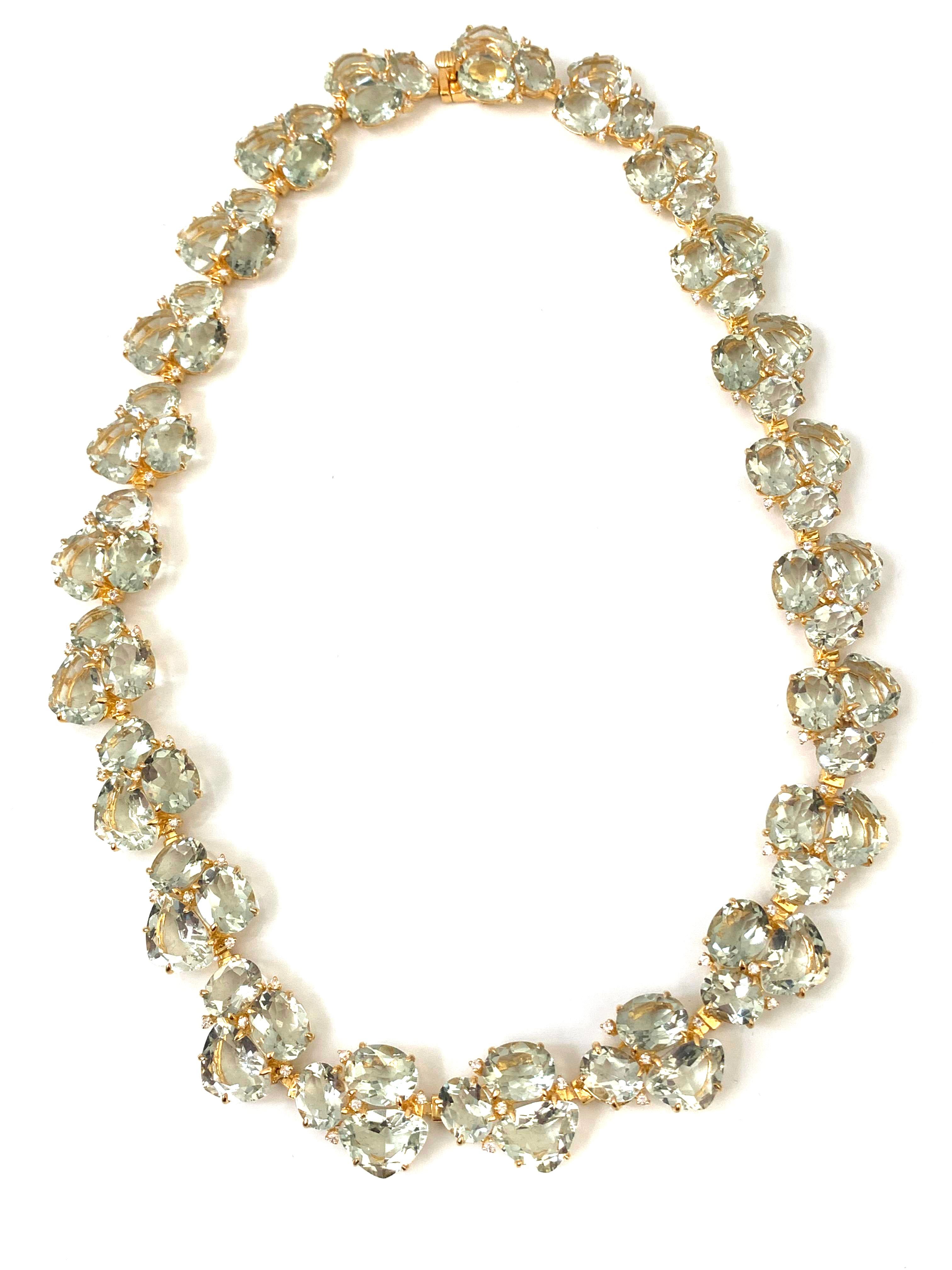 Elegant Prasiolite (Green Amethyst) and White Sapphire Necklace. 161 pieces of fancy-cut triangle green amethyst, oval prasiolite (220 ctw), and round white sapphires individually handset in vermeil 18k gold plated sterling silver. Push clasp lock