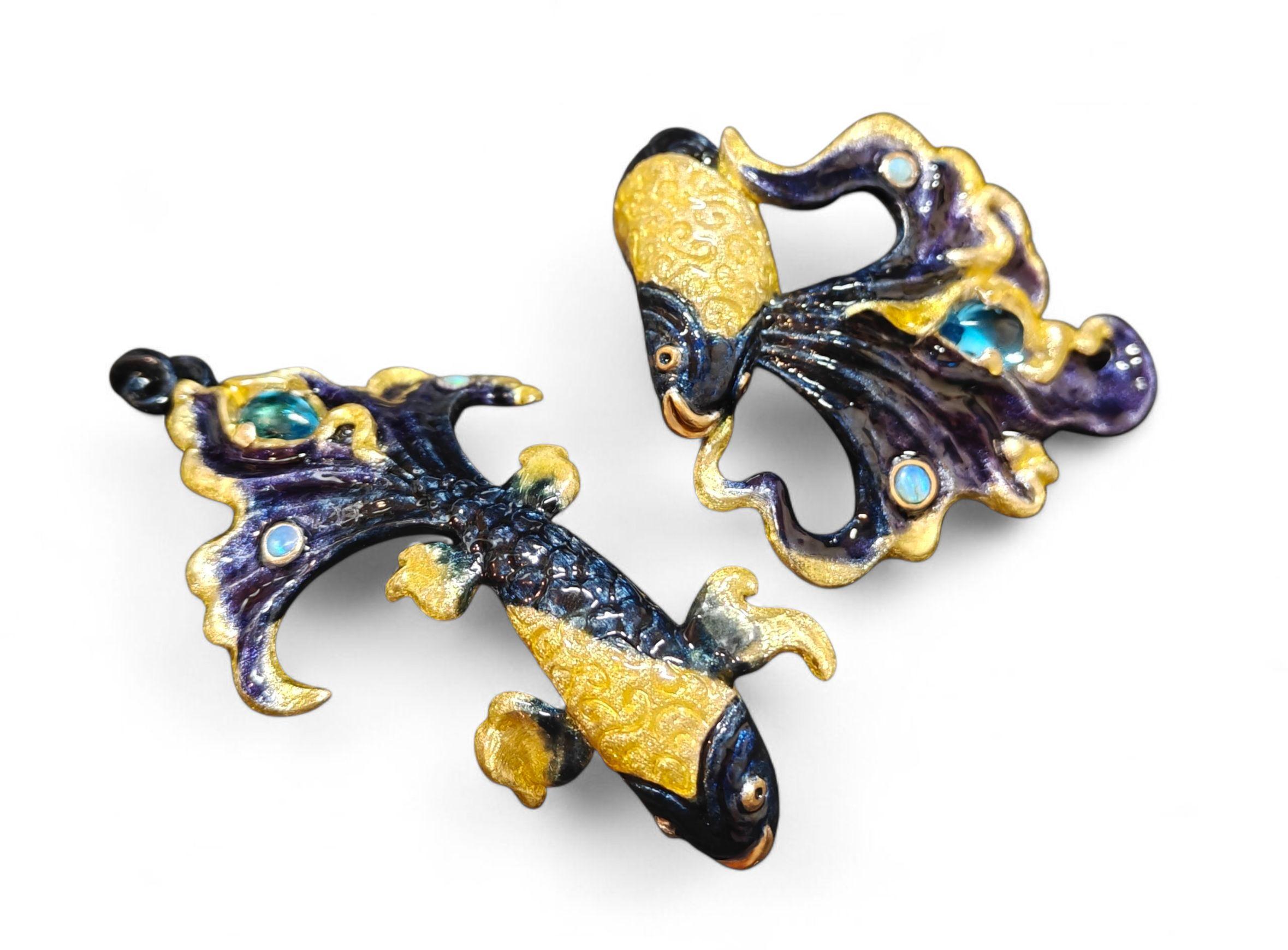 Artista Anello di dichiarazione in argento 960 con smalto a caldo Topazio blu e pietre opali di Konforti in vendita