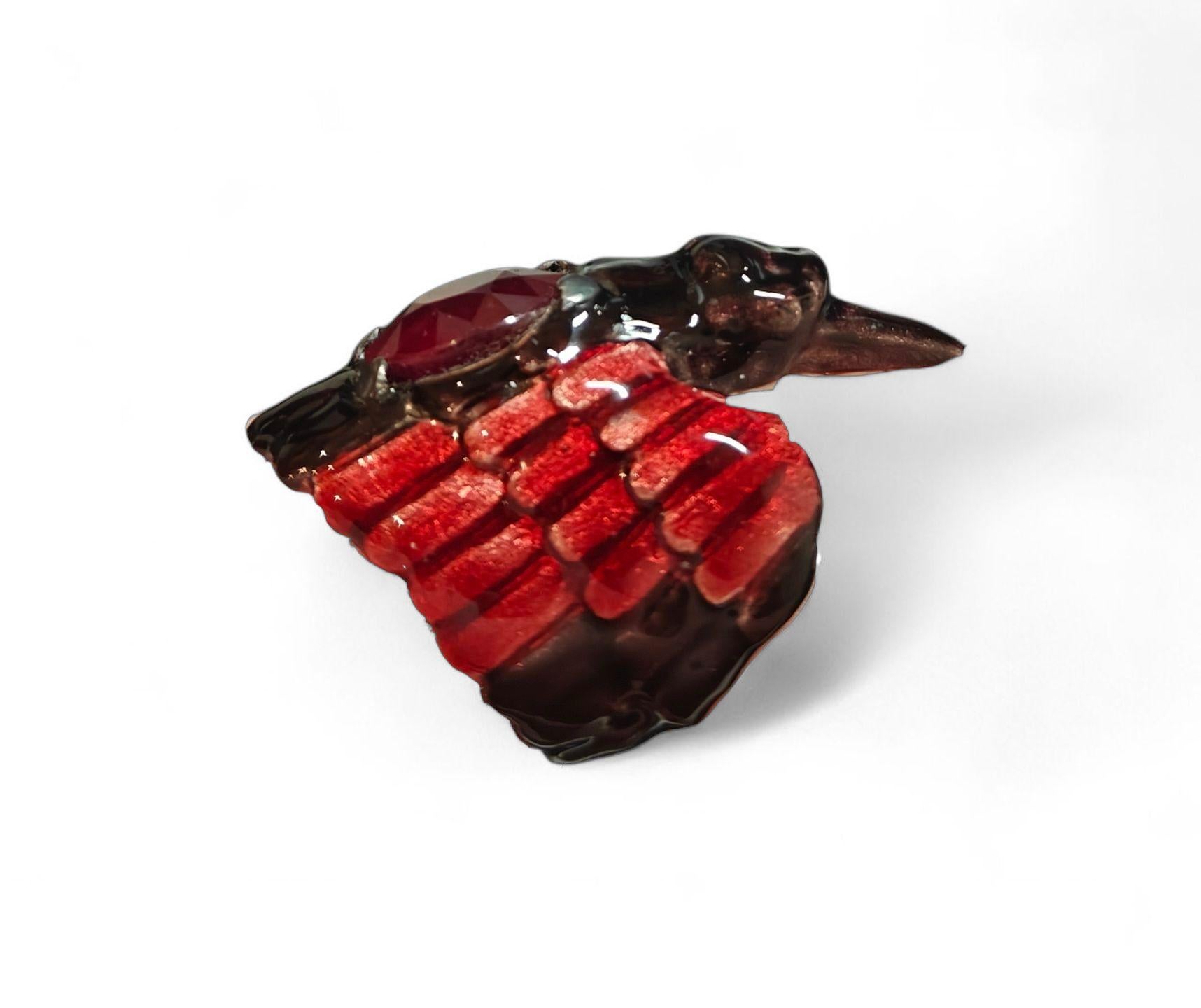 Taglio ovale Anello di dichiarazione in argento 960 con smalto a caldo e gemma di rubino di Konforti Jewelry in vendita