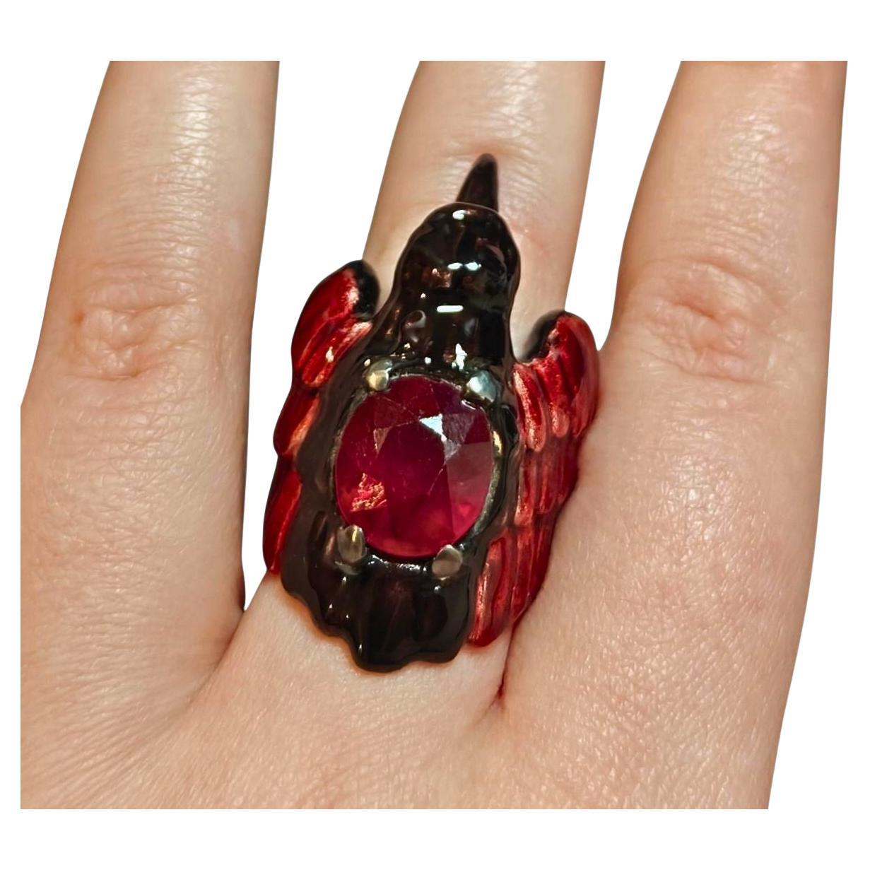 Anello di dichiarazione in argento 960 con smalto a caldo e gemma di rubino di Konforti Jewelry in vendita