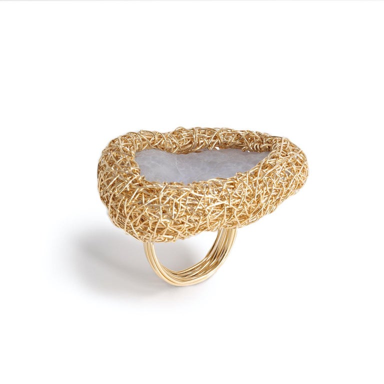 Statement Ring Cocktail style Raw Chalcedony in yellow gold one of a