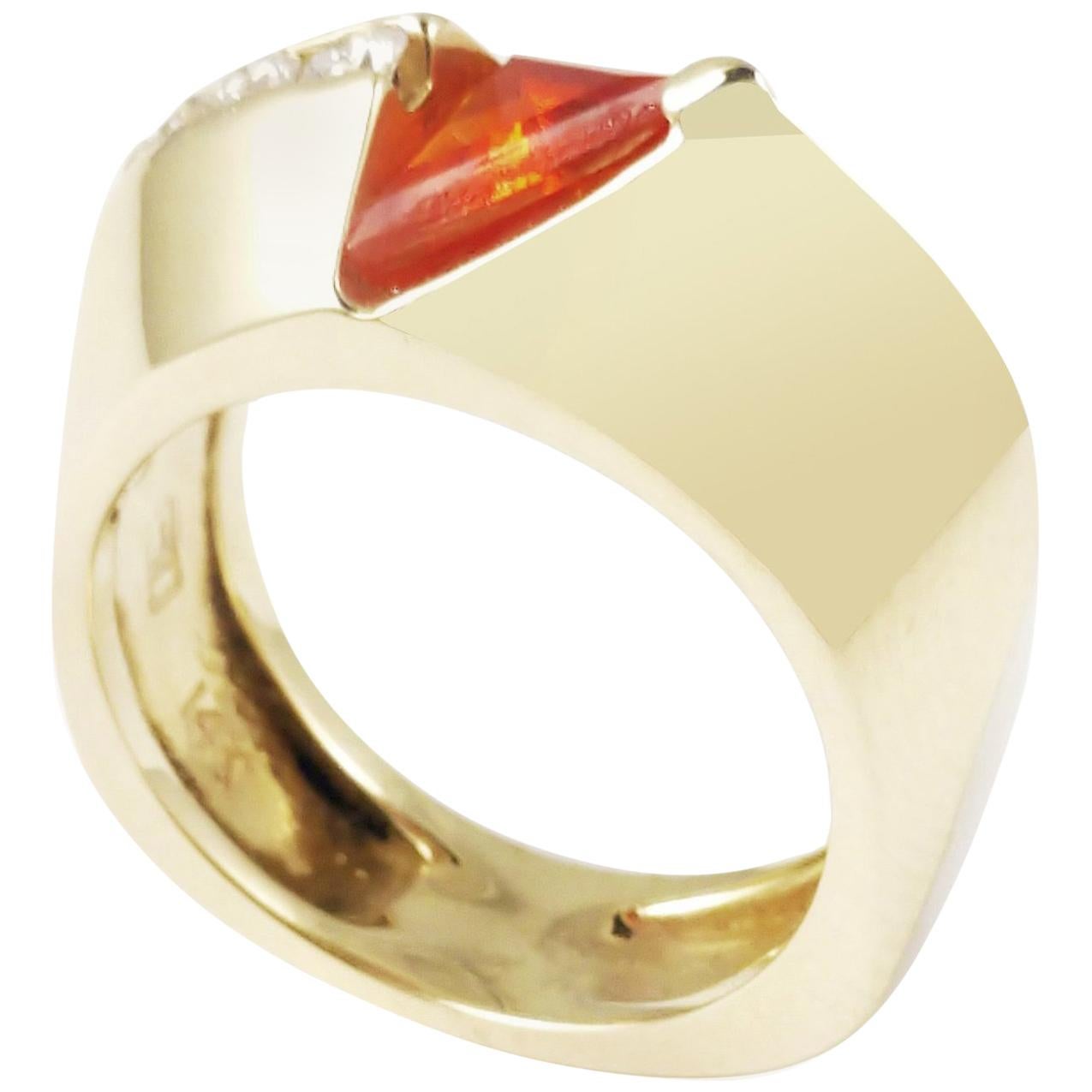 Statement Ring Fire Opal Diamond 14 Karat Yellow Gold Contemporary Art Fashion For Sale