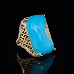 Statement Ring in 18K YellowGold Cushion-Cut Natural Turquoise and Diamonds Pavé