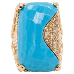 Statement Ring in 18K YellowGold Cushion-Cut Natural Turquoise and Diamonds Pavé