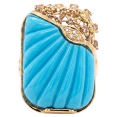 Statement Ring in 18K YellowGold with Natural AfghanTurquoise and Yellow & White